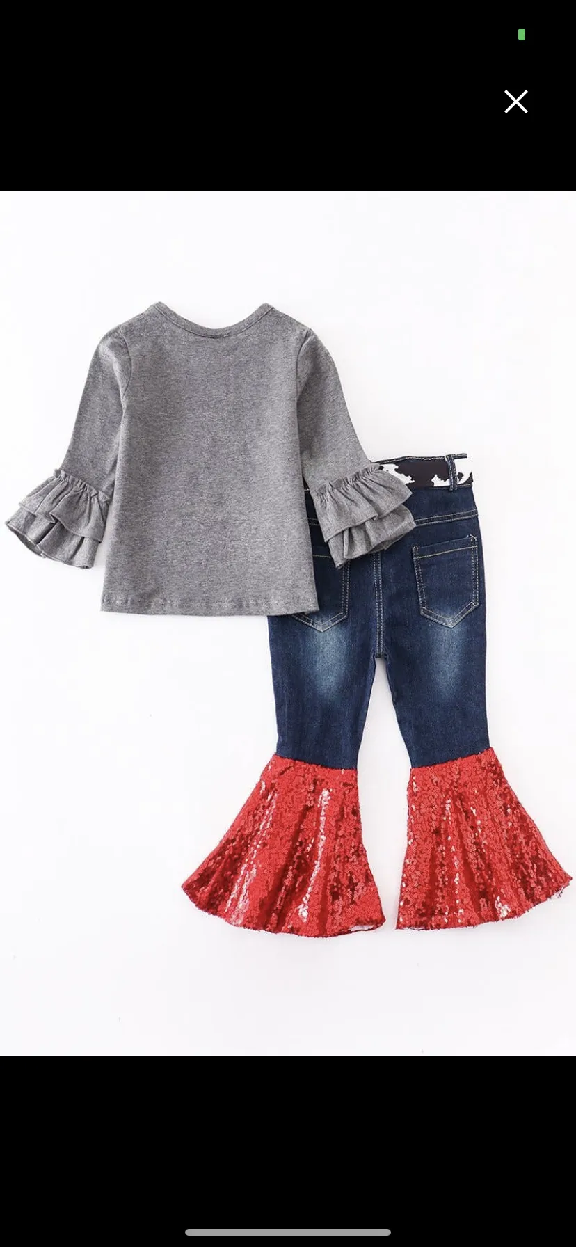 Grey "Moo'y Christmas Heifers" Matching Sequins Bell Bottom Denim Jeans