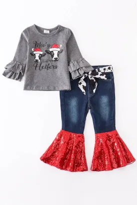 Grey "Moo'y Christmas Heifers" Matching Sequins Bell Bottom Denim Jeans