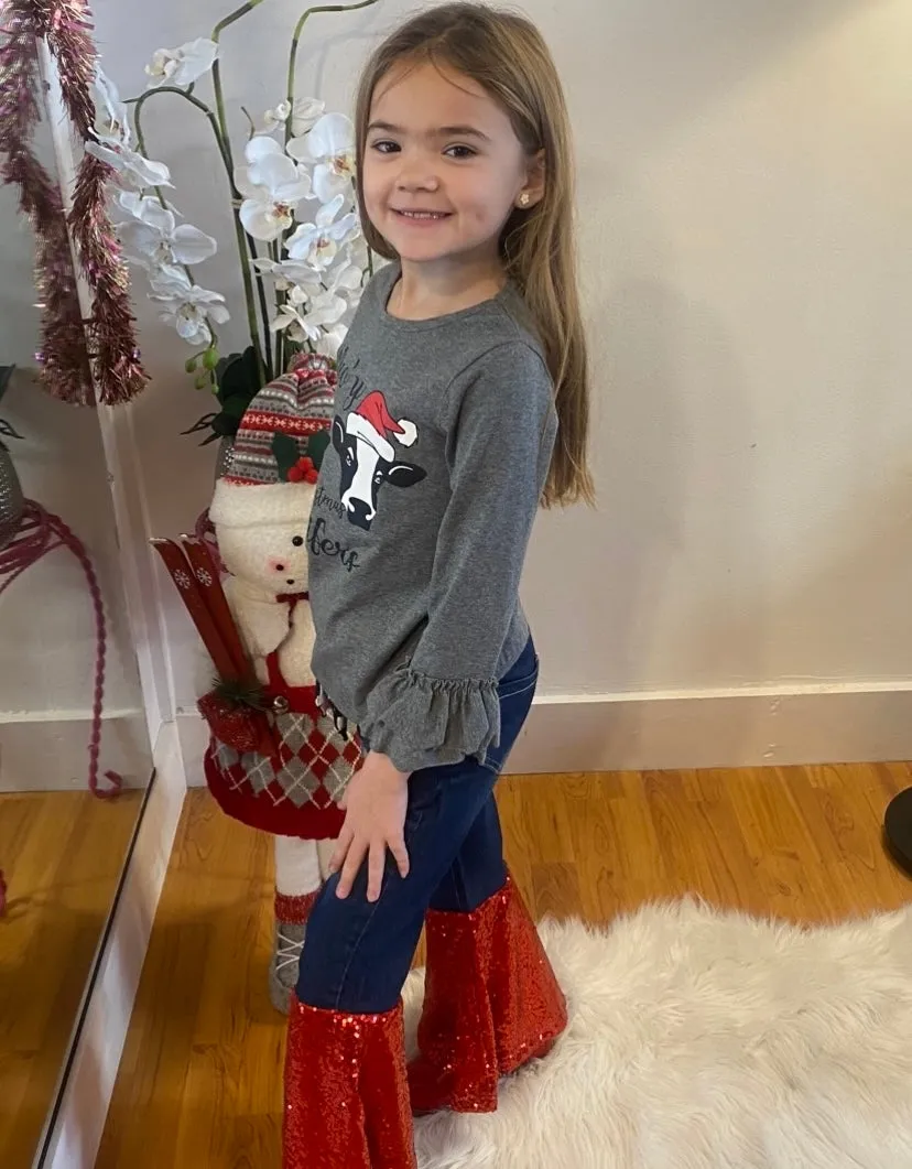 Grey "Moo'y Christmas Heifers" Matching Sequins Bell Bottom Denim Jeans