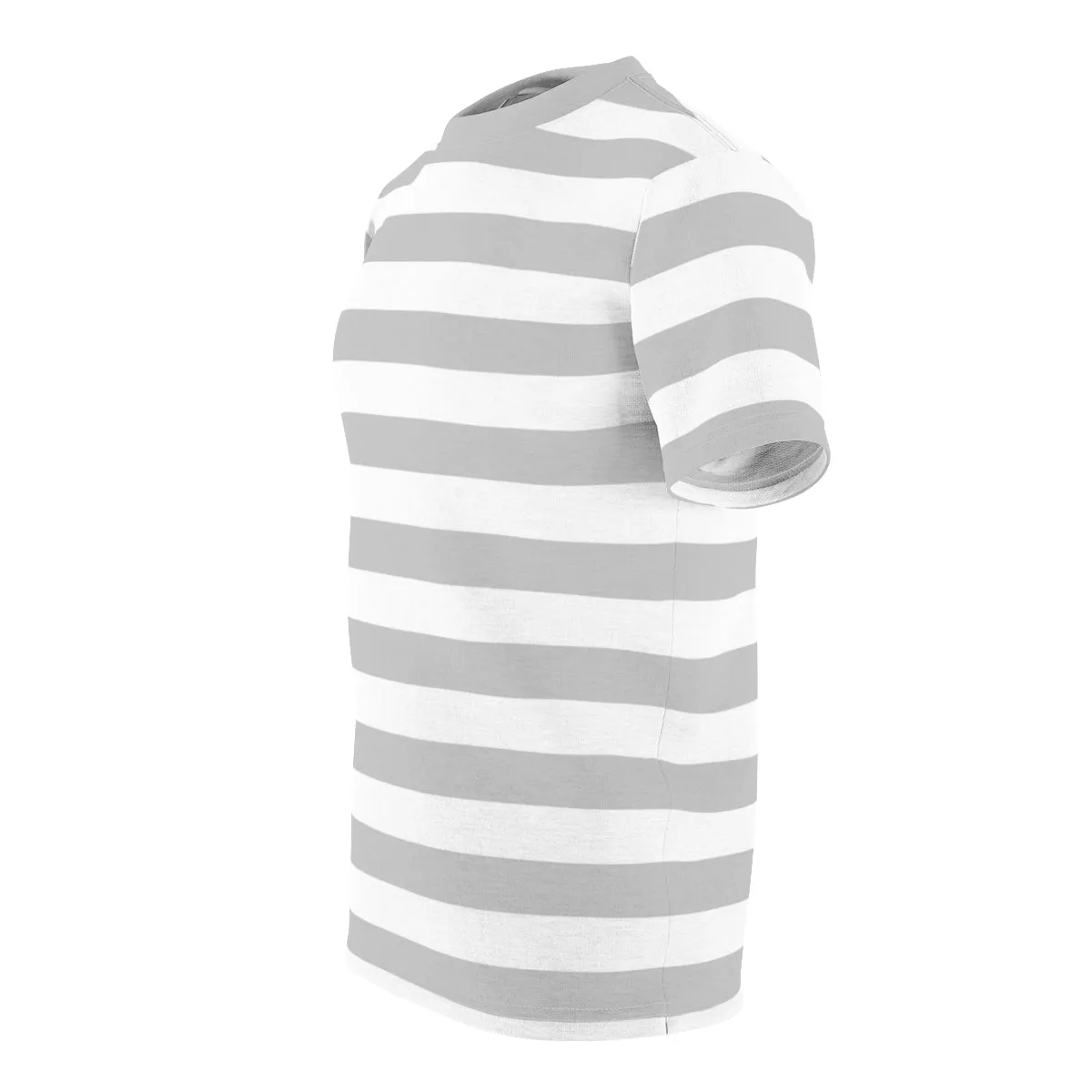 Grey White Striped Men T Shirt, Vintage Horizontal Bold Gray Stripes 90s Adult Unisex Designer Crewneck Short Sleeve Tee