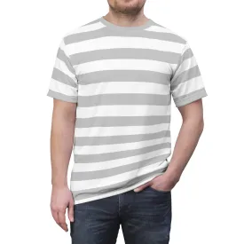 Grey White Striped Men T Shirt, Vintage Horizontal Bold Gray Stripes 90s Adult Unisex Designer Crewneck Short Sleeve Tee