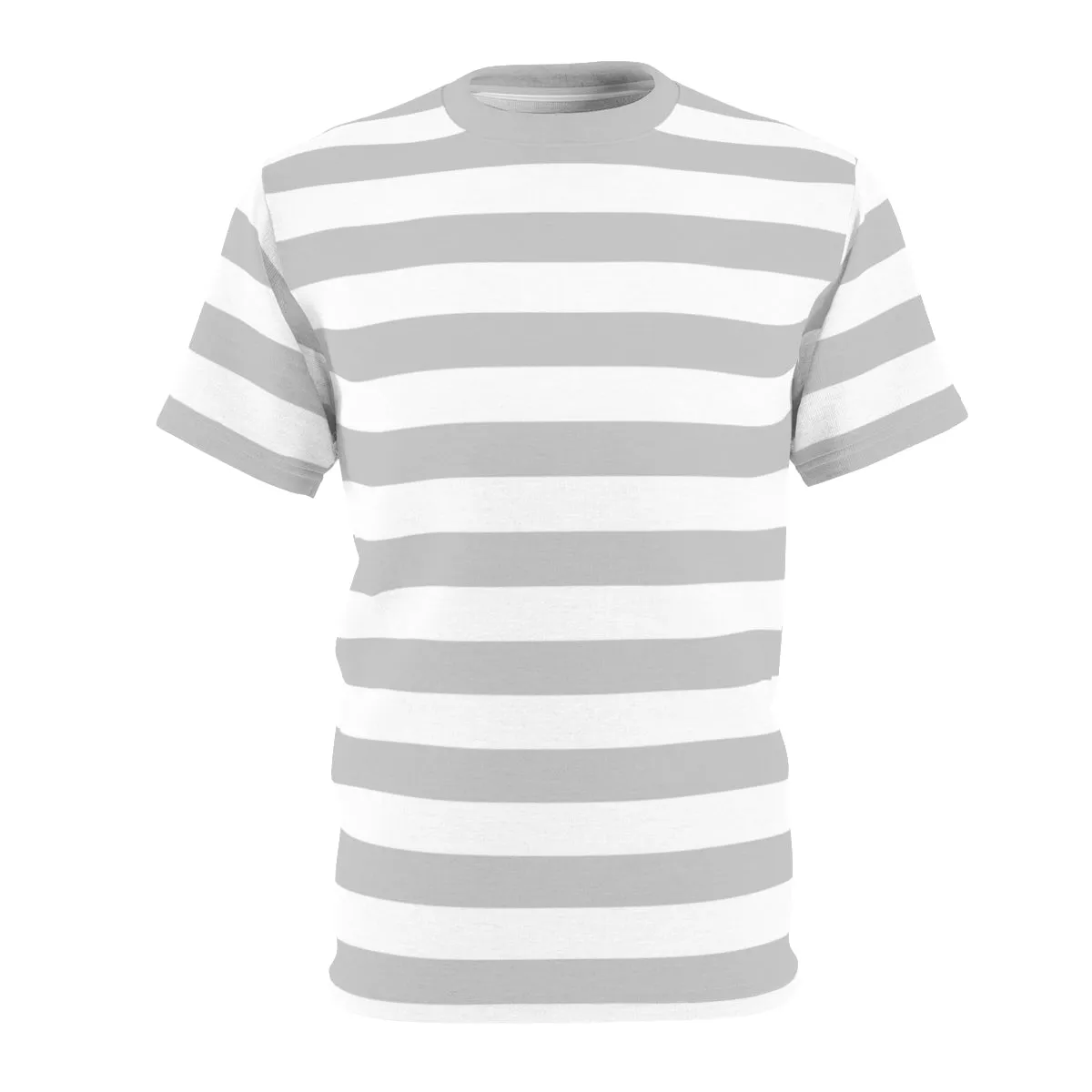 Grey White Striped Men T Shirt, Vintage Horizontal Bold Gray Stripes 90s Adult Unisex Designer Crewneck Short Sleeve Tee
