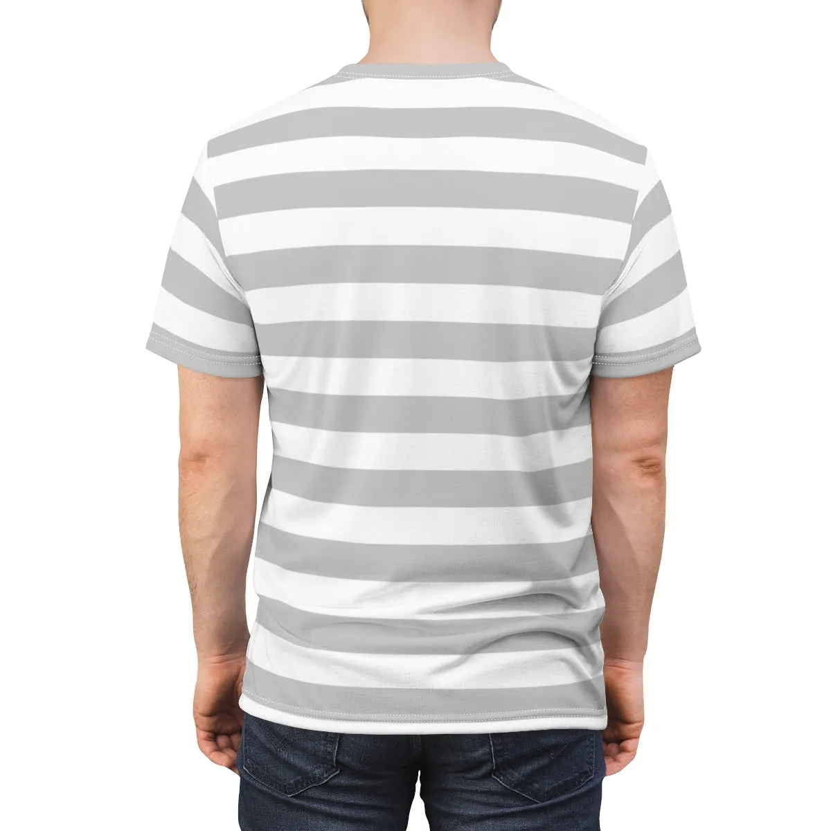 Grey White Striped Men T Shirt, Vintage Horizontal Bold Gray Stripes 90s Adult Unisex Designer Crewneck Short Sleeve Tee