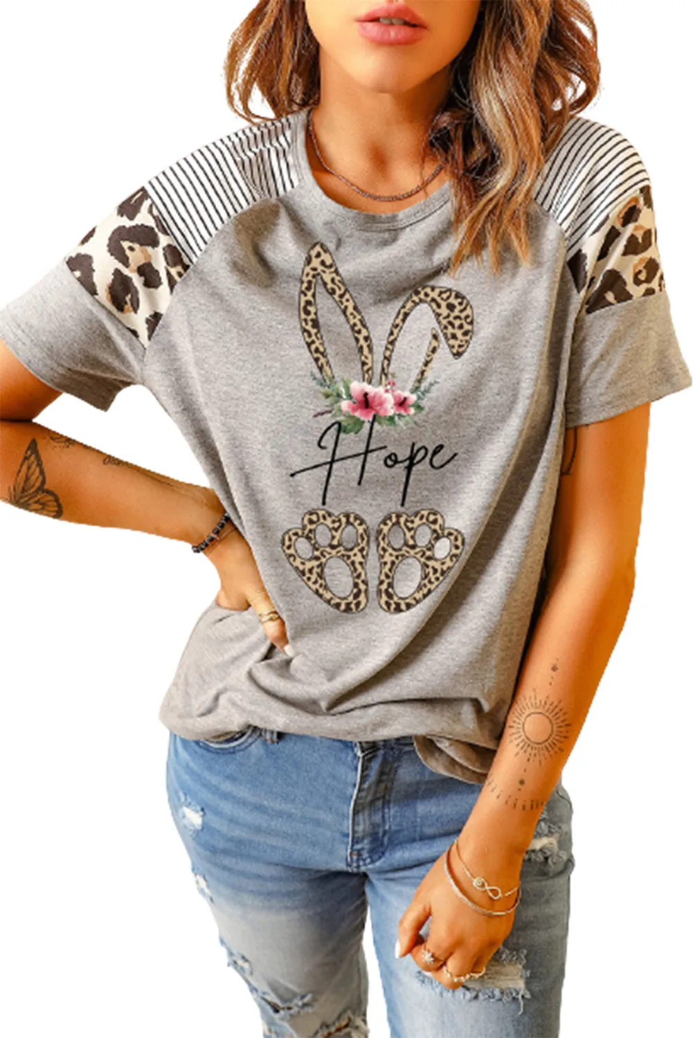 Hope Bunny Print Color Block Short Sleeve Top