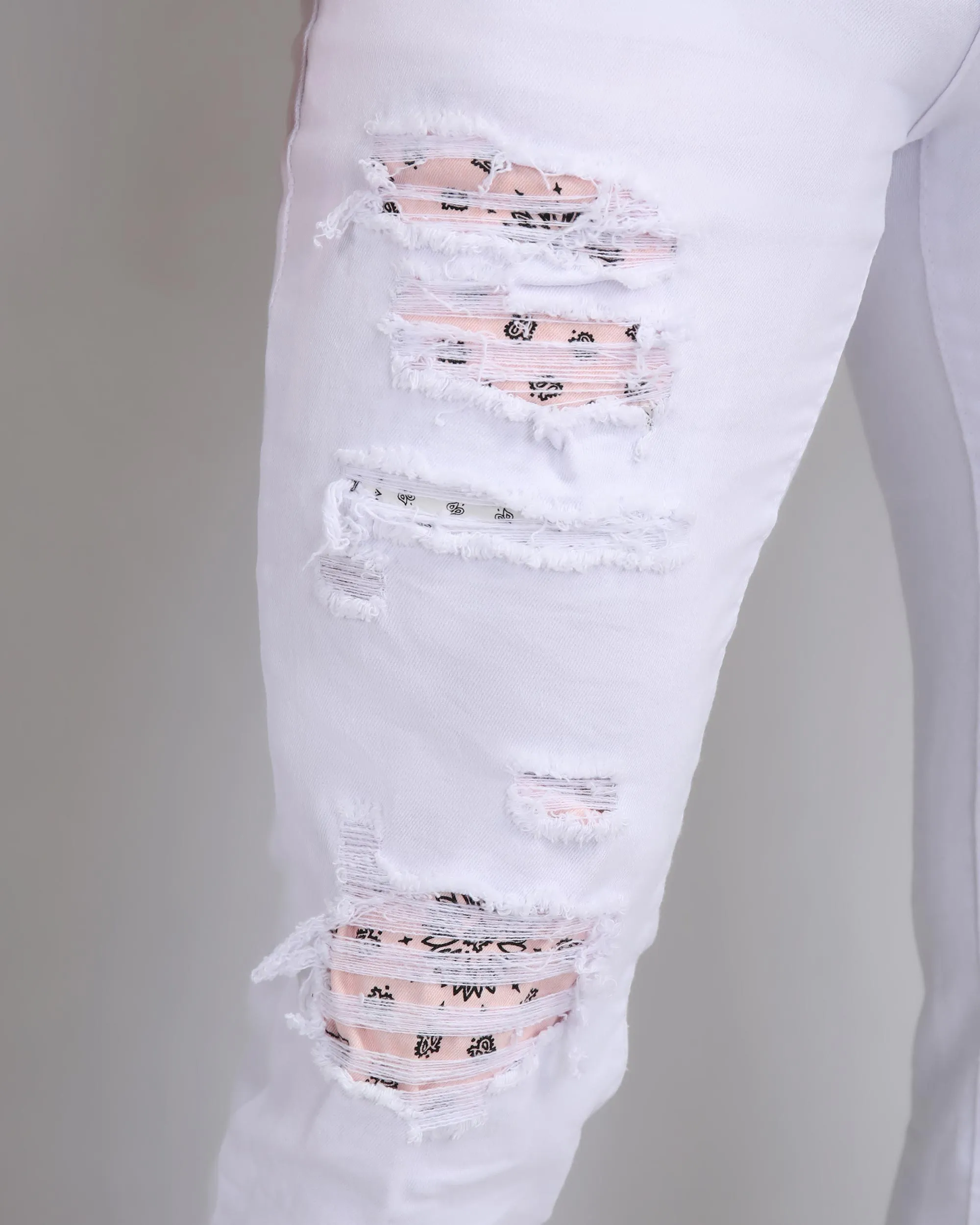 Irregular Ripped White Jeans with Pink Patches-Mexico Local Delivery