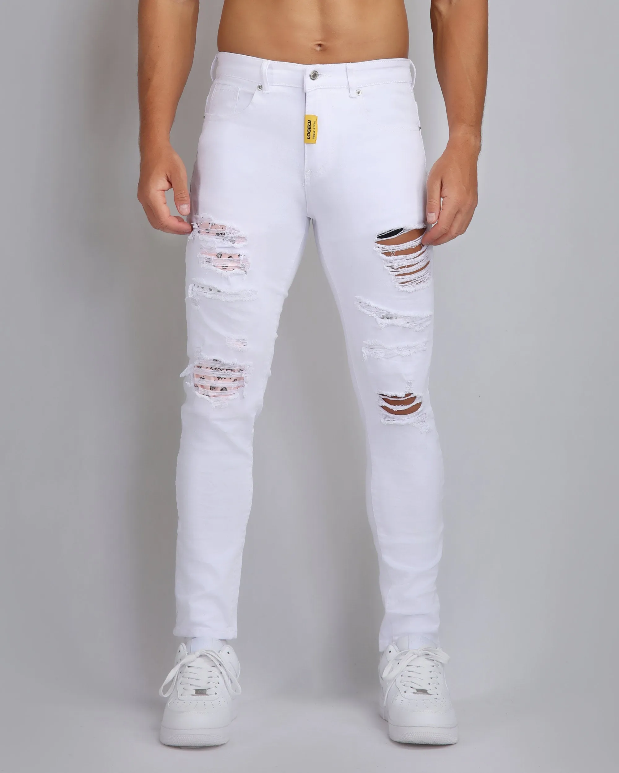Irregular Ripped White Jeans with Pink Patches-Mexico Local Delivery