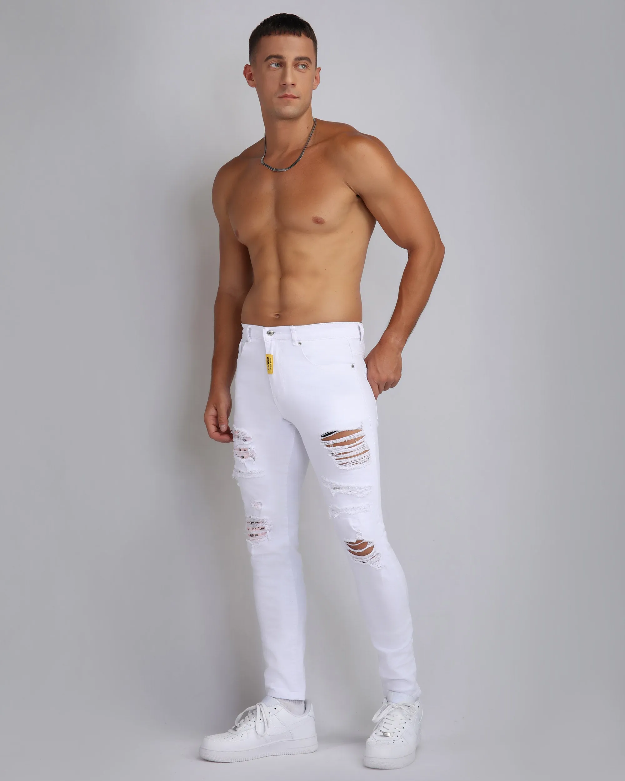 Irregular Ripped White Jeans with Pink Patches-Mexico Local Delivery