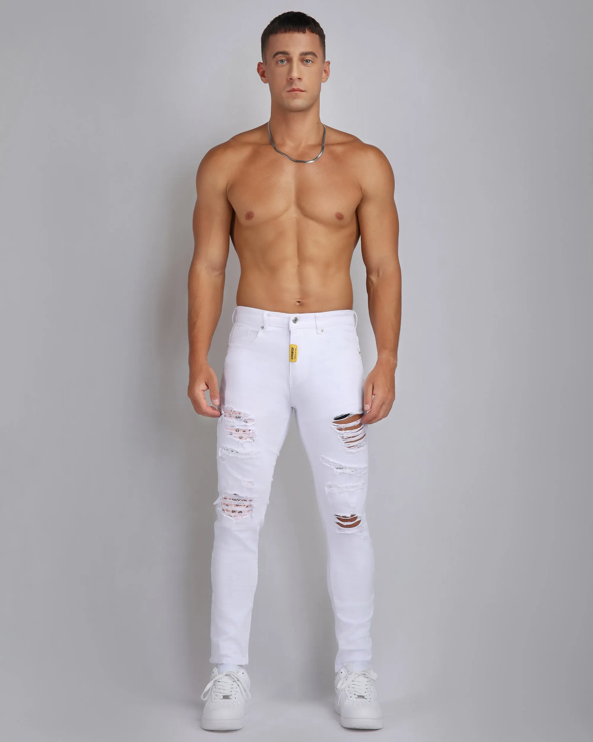 Irregular Ripped White Jeans with Pink Patches-Mexico Local Delivery
