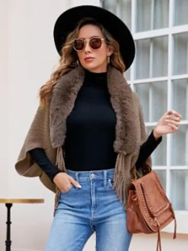 Ivy Women's Fur Collar Knitted Tassel Cape Cardigan