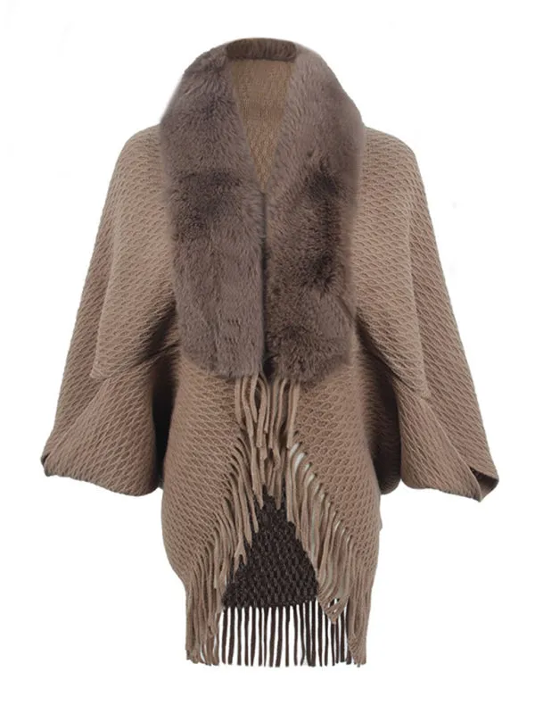 Ivy Women's Fur Collar Knitted Tassel Cape Cardigan