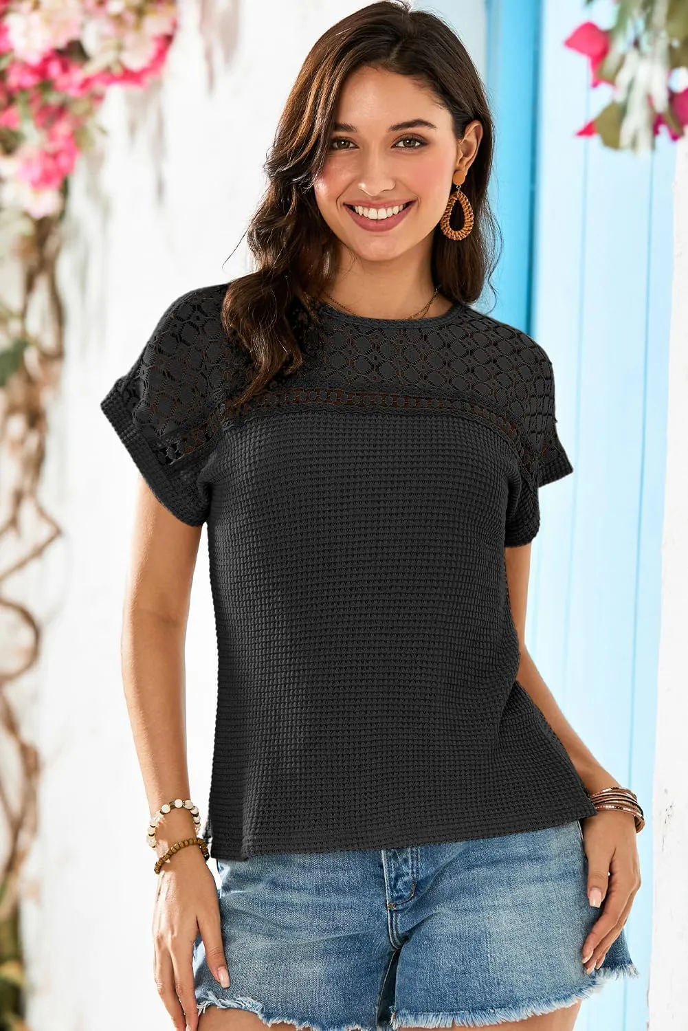 KevaMolly Womens T Shirts Solid Batwing Sleeve Cross Wrap Hem Tee Casual Tshirt Trendy Fitted Tee Tops