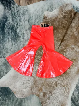 Kids neon orange leather bell bottoms