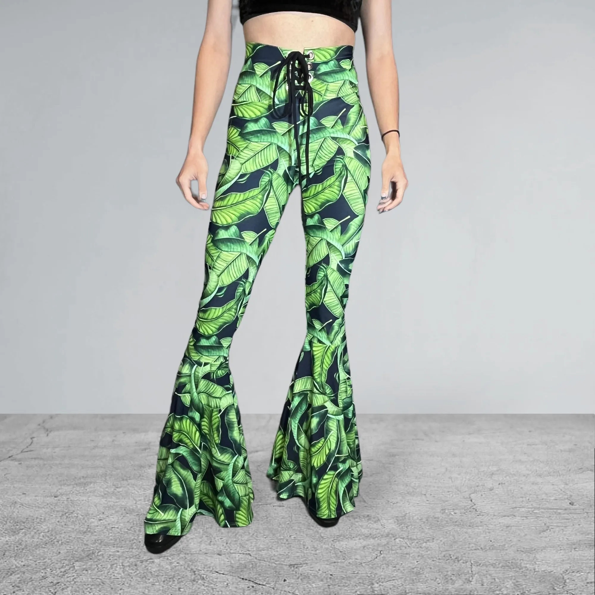Lace-Up High Waist Bell Bottoms - Tropical Leaves