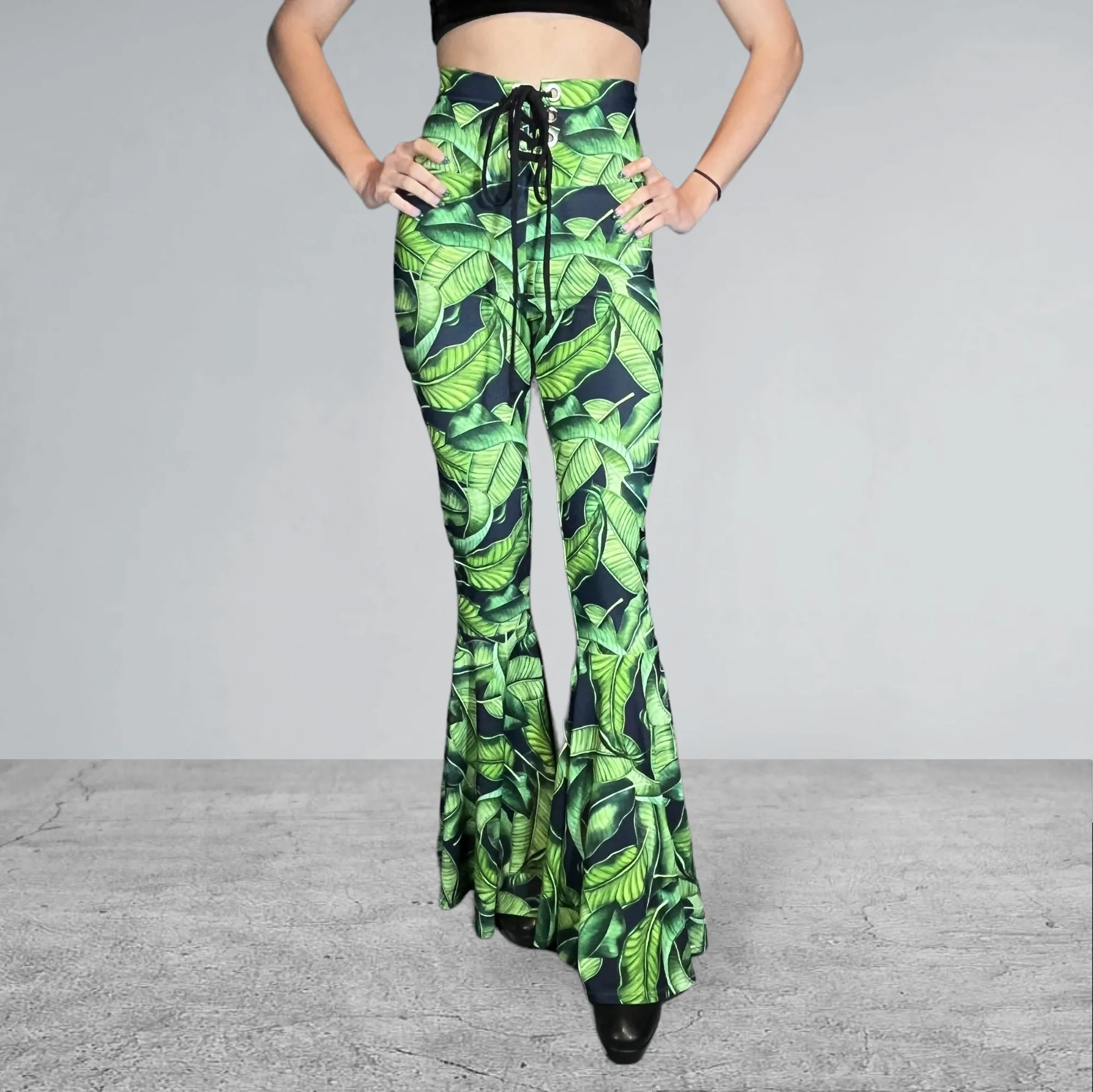 Lace-Up High Waist Bell Bottoms - Tropical Leaves
