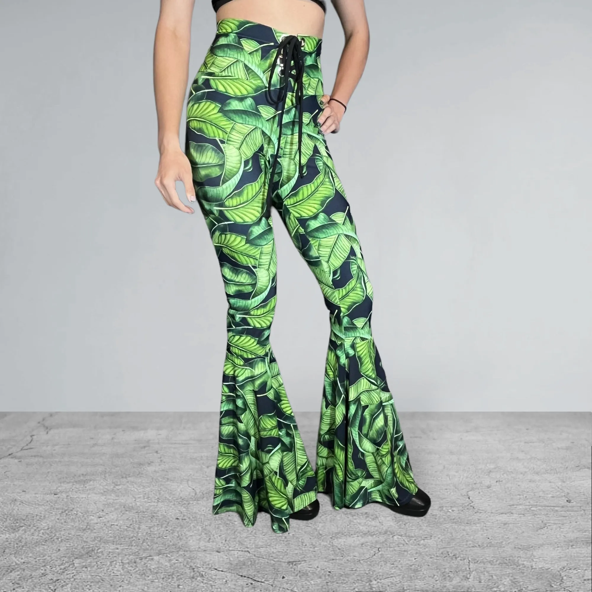 Lace-Up High Waist Bell Bottoms - Tropical Leaves