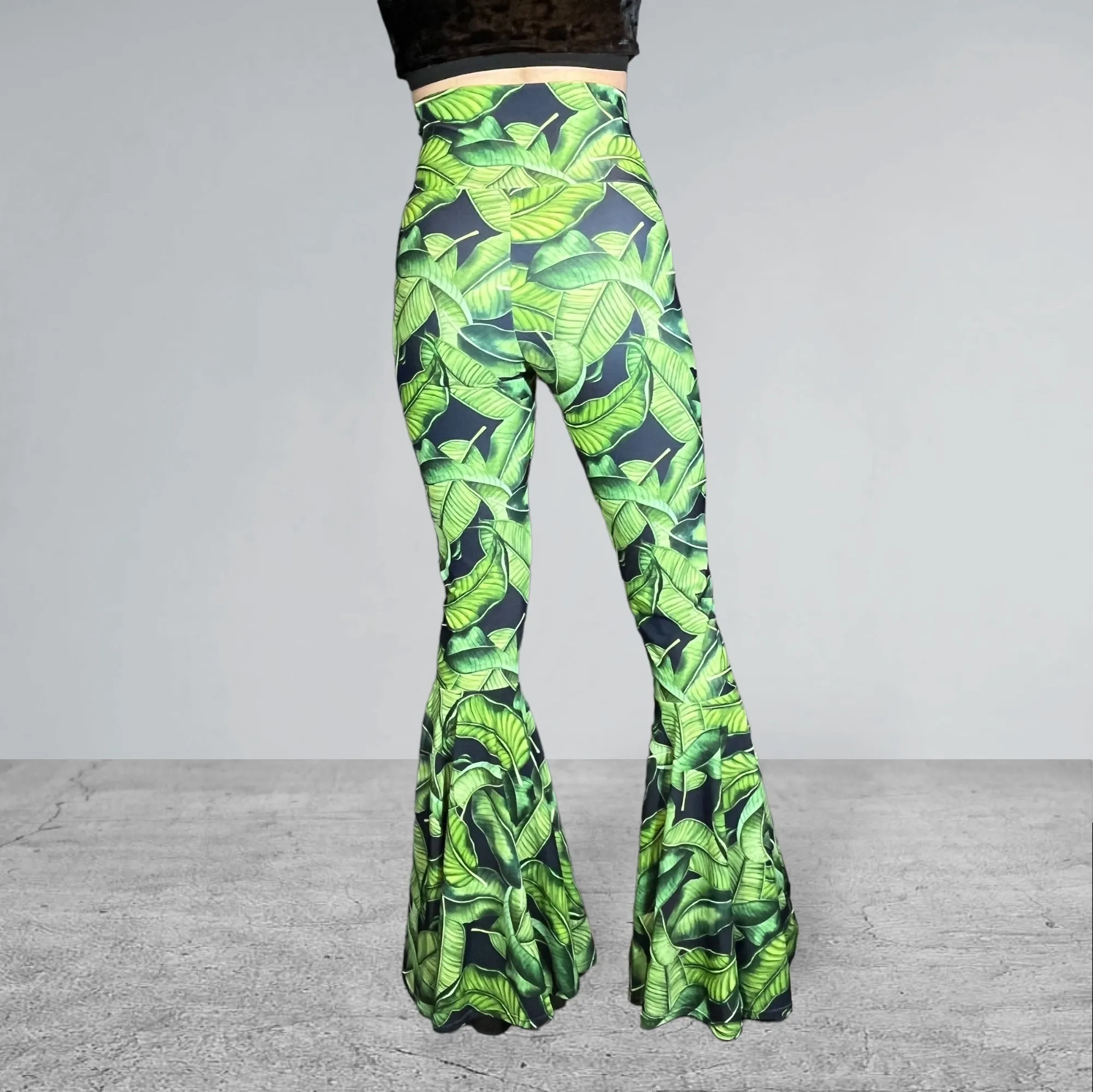 Lace-Up High Waist Bell Bottoms - Tropical Leaves