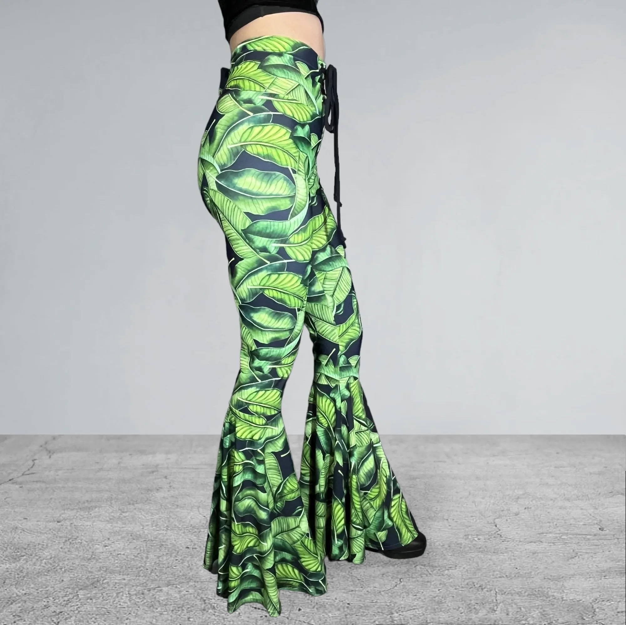 Lace-Up High Waist Bell Bottoms - Tropical Leaves
