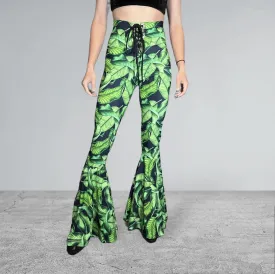 Lace-Up High Waist Bell Bottoms - Tropical Leaves