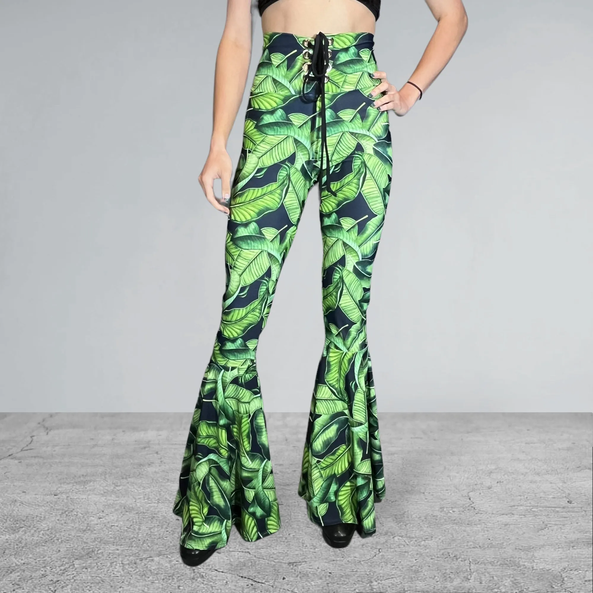 Lace-Up High Waist Bell Bottoms - Tropical Leaves