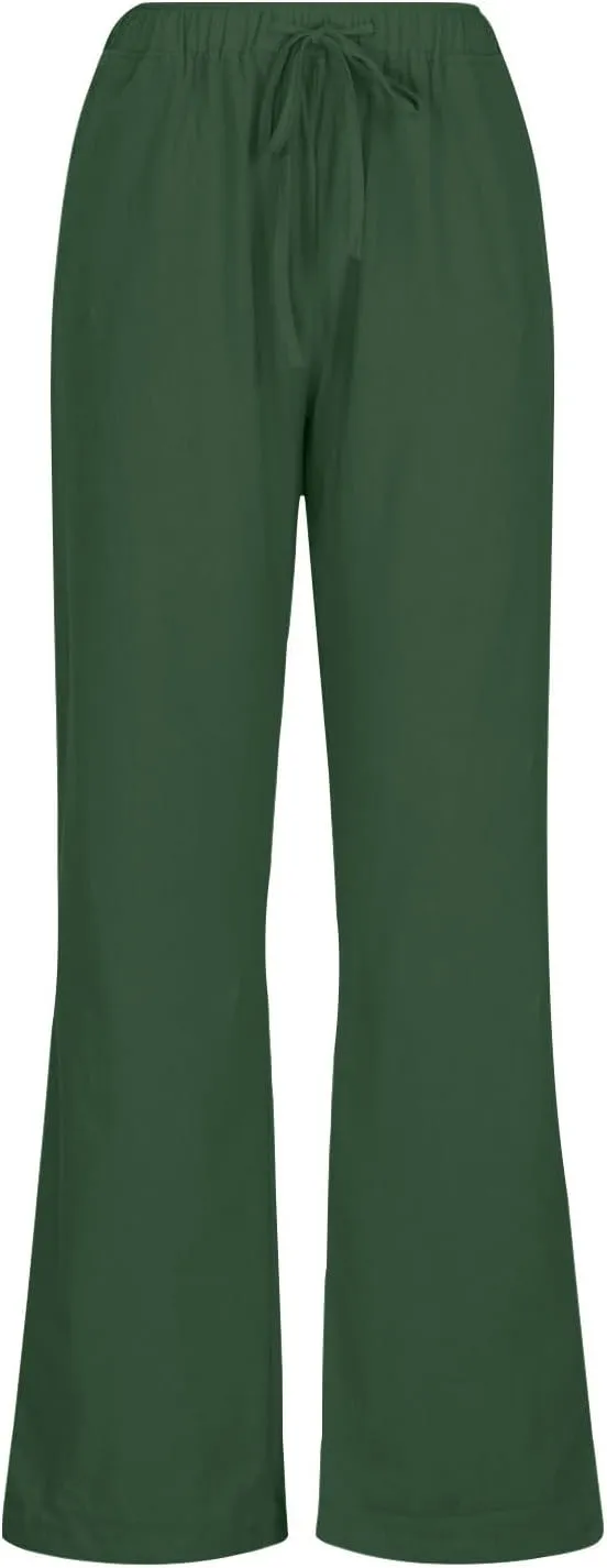 Linen Pants Women Summer Wide Leg Pants Drawstring Elastic Waist Pants High Waisted Lounge Pants Casual Beach Trousers