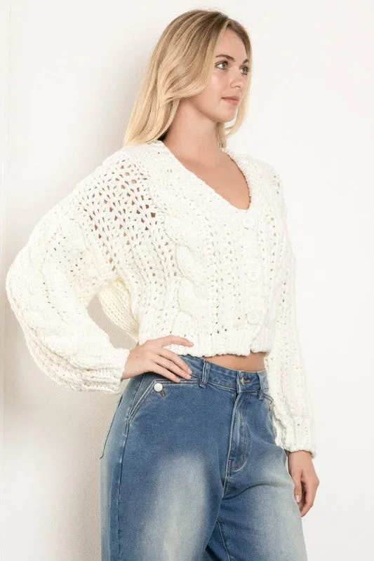 Logan Long Sleeve Cable Knit Button Down Cardigan White