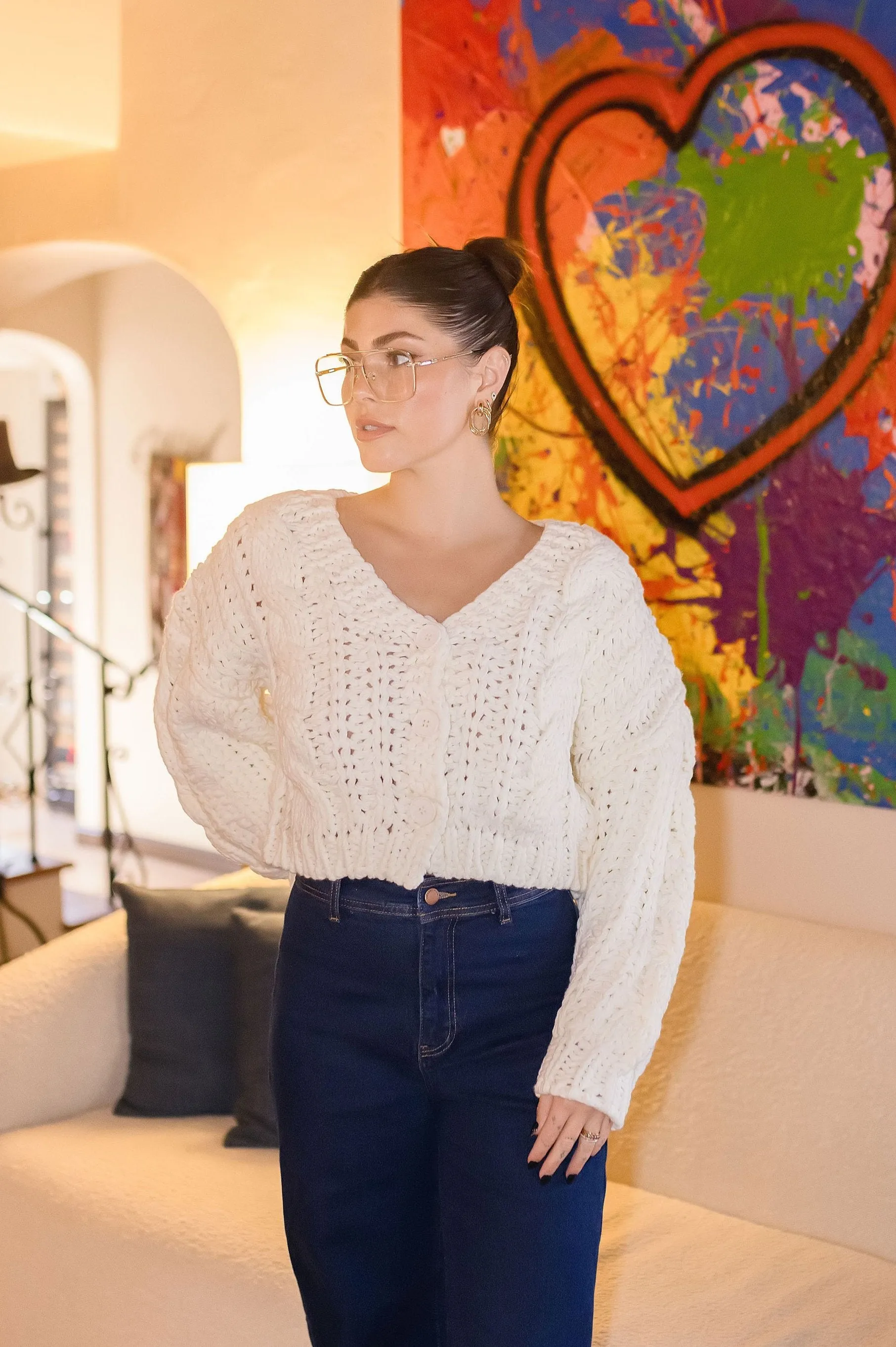 Logan Long Sleeve Cable Knit Button Down Cardigan White