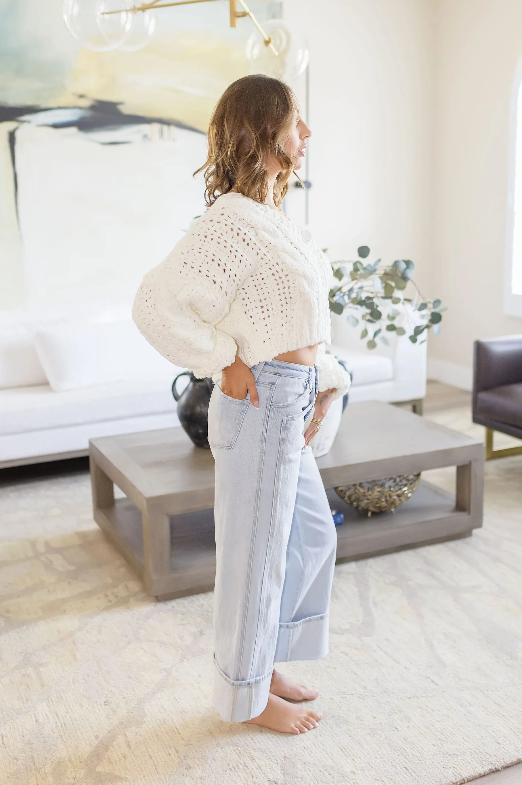 Logan Long Sleeve Cable Knit Button Down Cardigan White