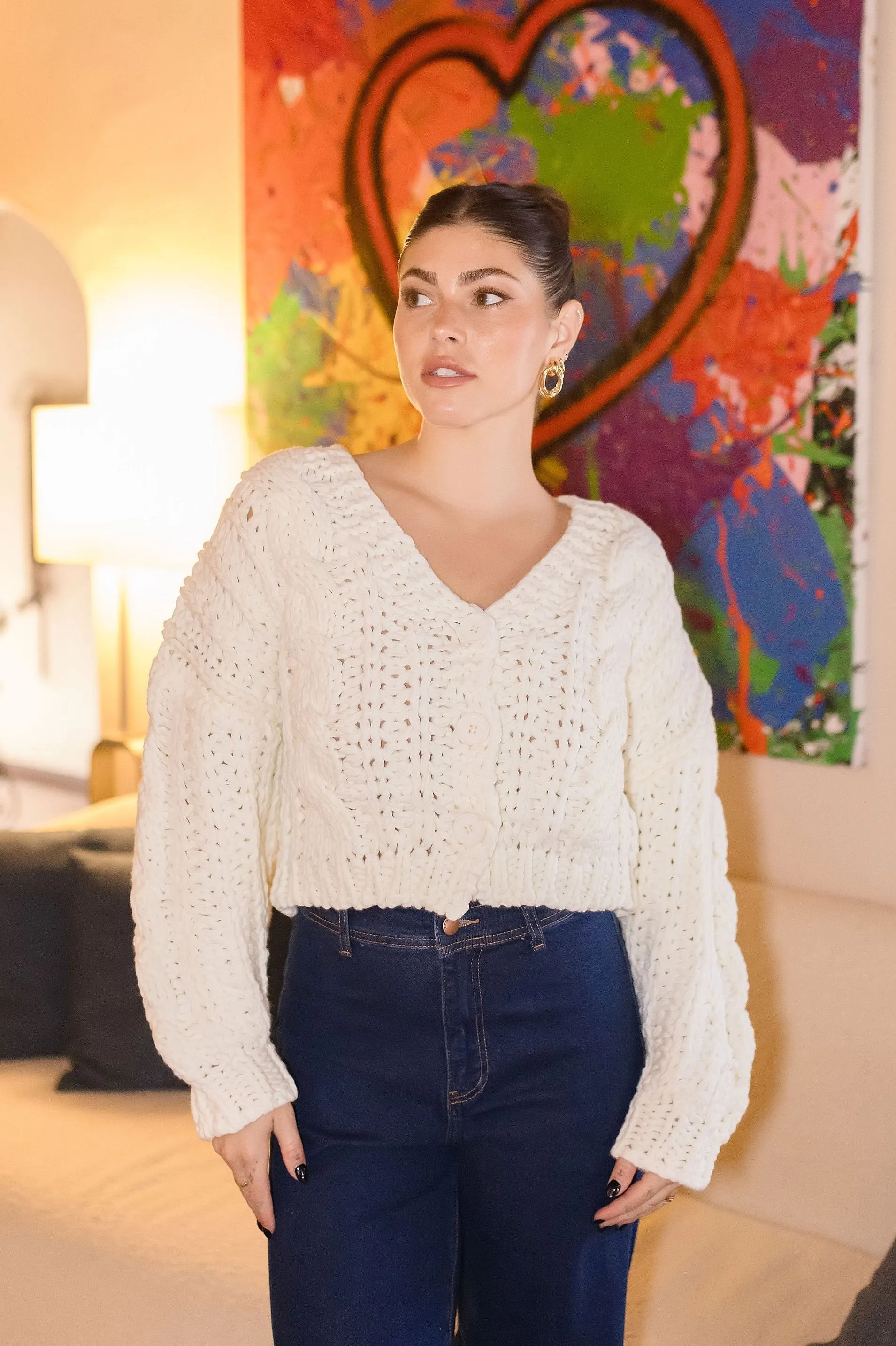 Logan Long Sleeve Cable Knit Button Down Cardigan White