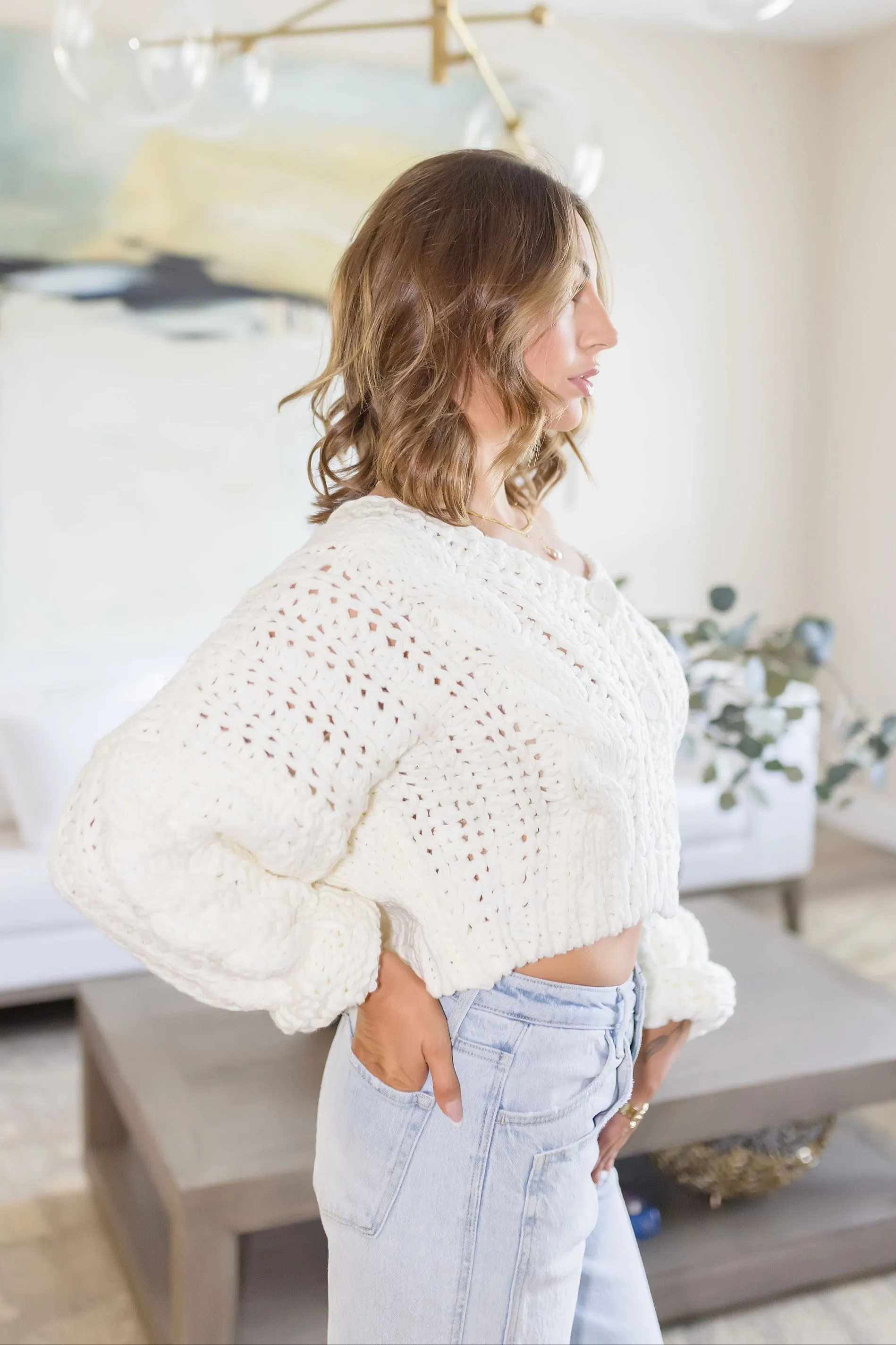 Logan Long Sleeve Cable Knit Button Down Cardigan White