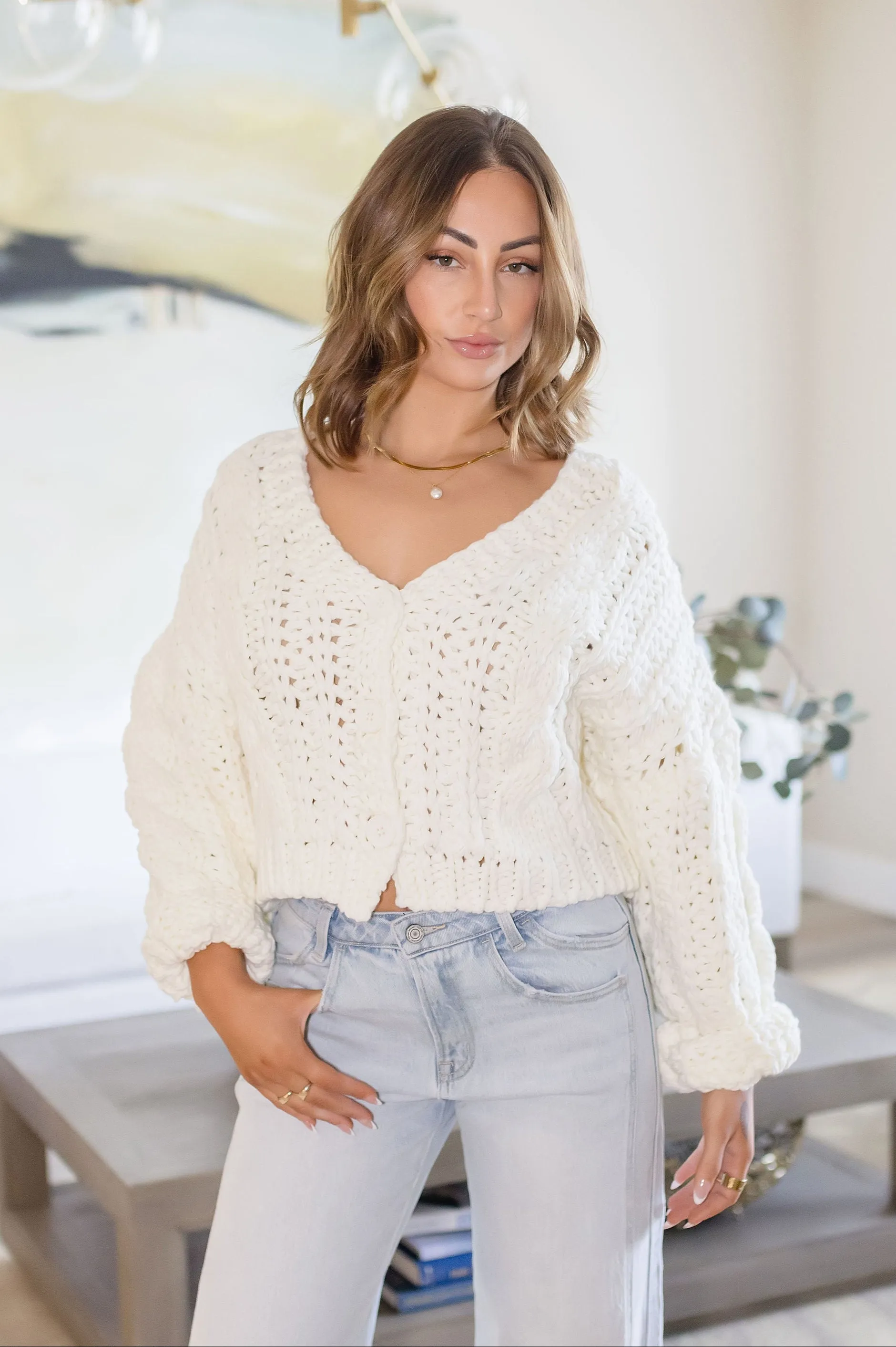 Logan Long Sleeve Cable Knit Button Down Cardigan White