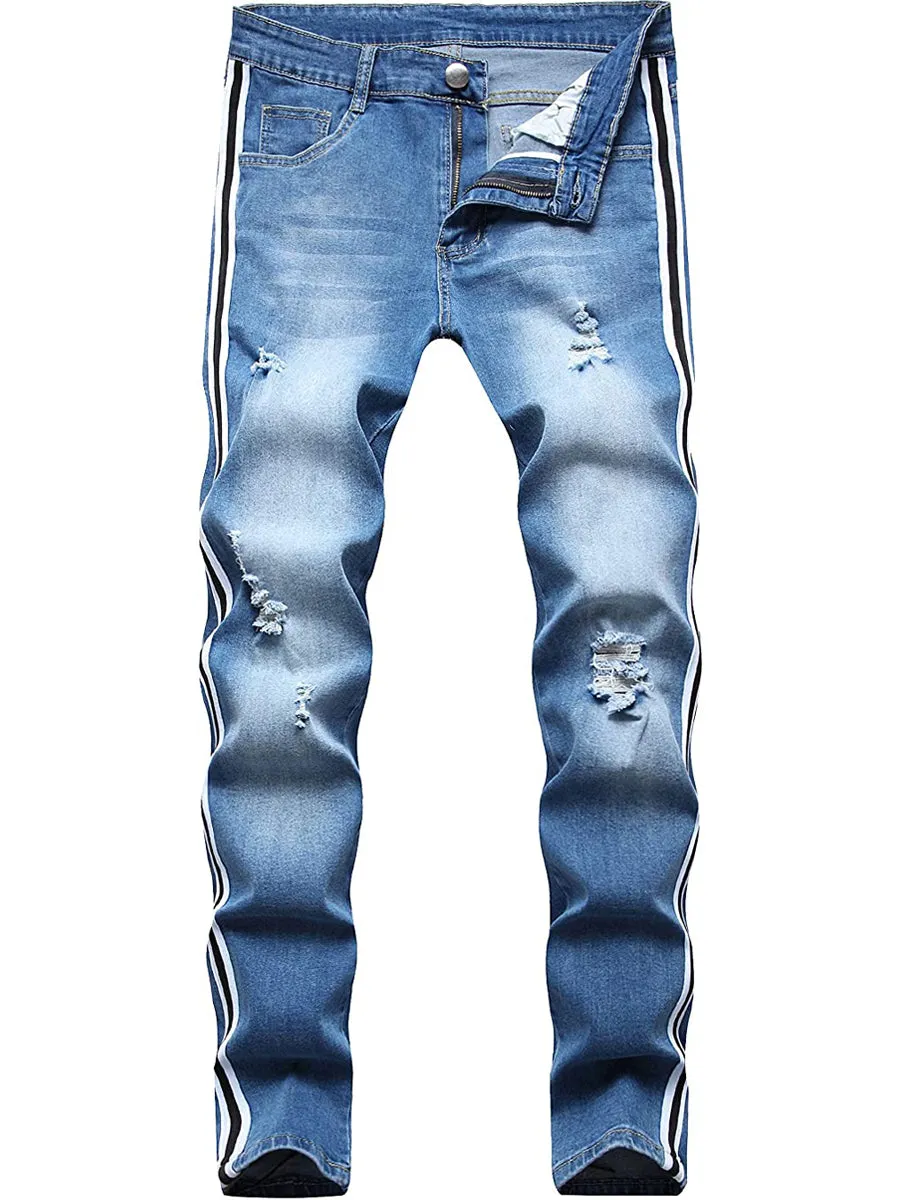 LONGBIDA Destroyed Striped Ankle Zipper Pants Men Ripped Jeans Slim Skinny