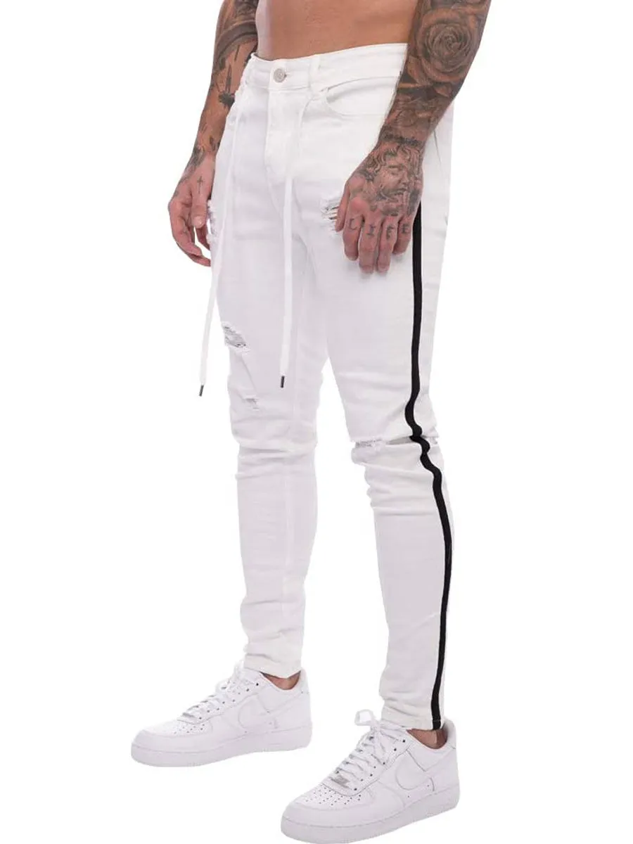 LONGBIDA Destroyed Striped Ankle Zipper Pants Men Ripped Jeans Slim Skinny