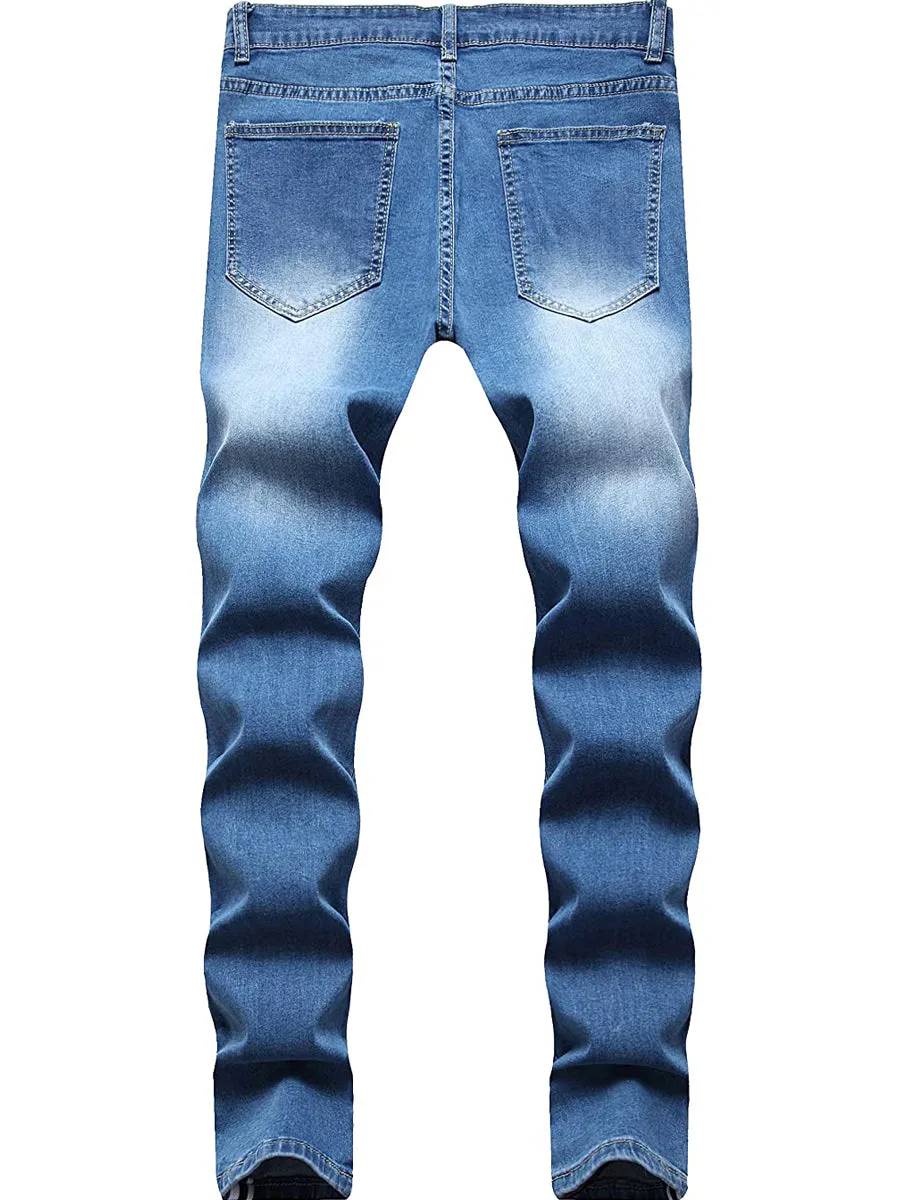 LONGBIDA Destroyed Striped Ankle Zipper Pants Men Ripped Jeans Slim Skinny