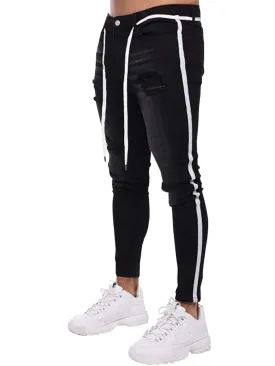 LONGBIDA Destroyed Striped Ankle Zipper Pants Men Ripped Jeans Slim Skinny