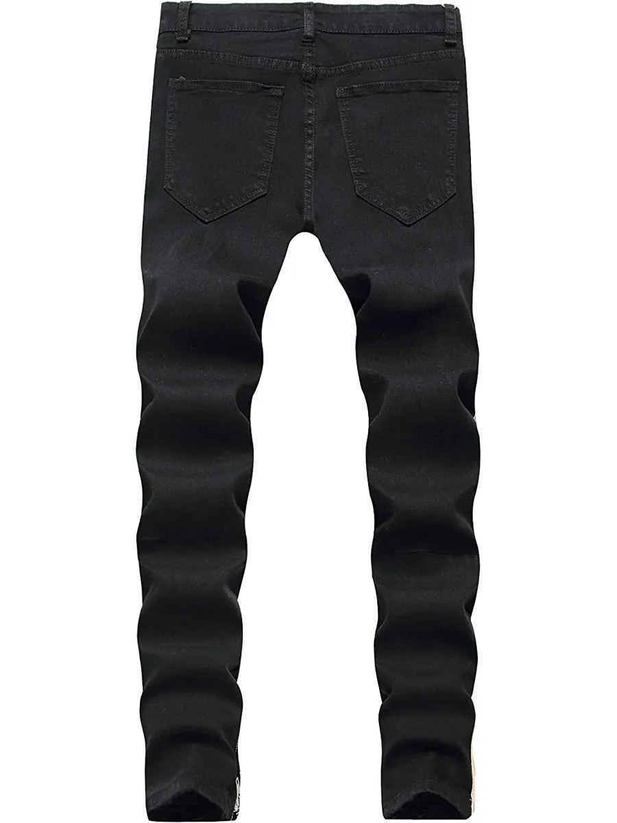 LONGBIDA Destroyed Striped Ankle Zipper Pants Men Ripped Jeans Slim Skinny