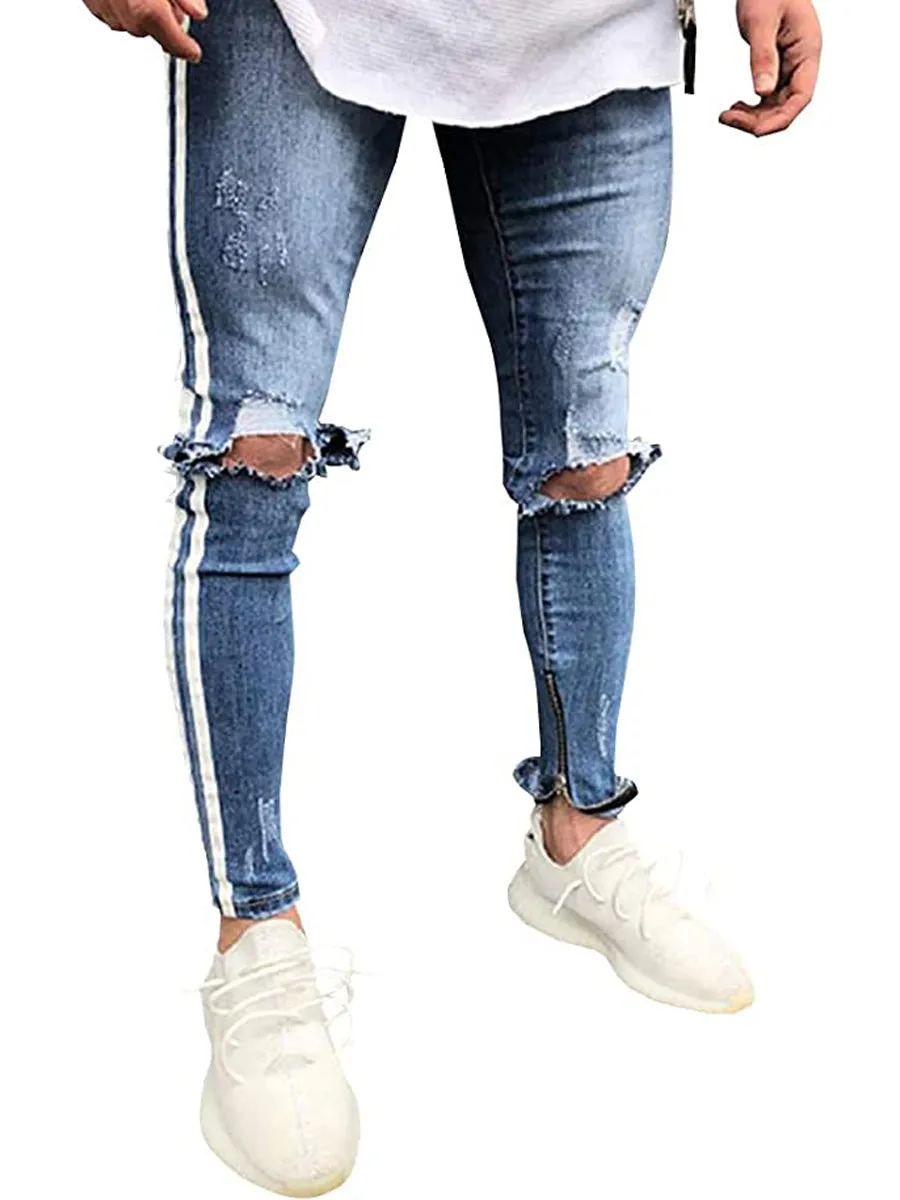 LONGBIDA Destroyed Striped Ankle Zipper Pants Men Ripped Jeans Slim Skinny