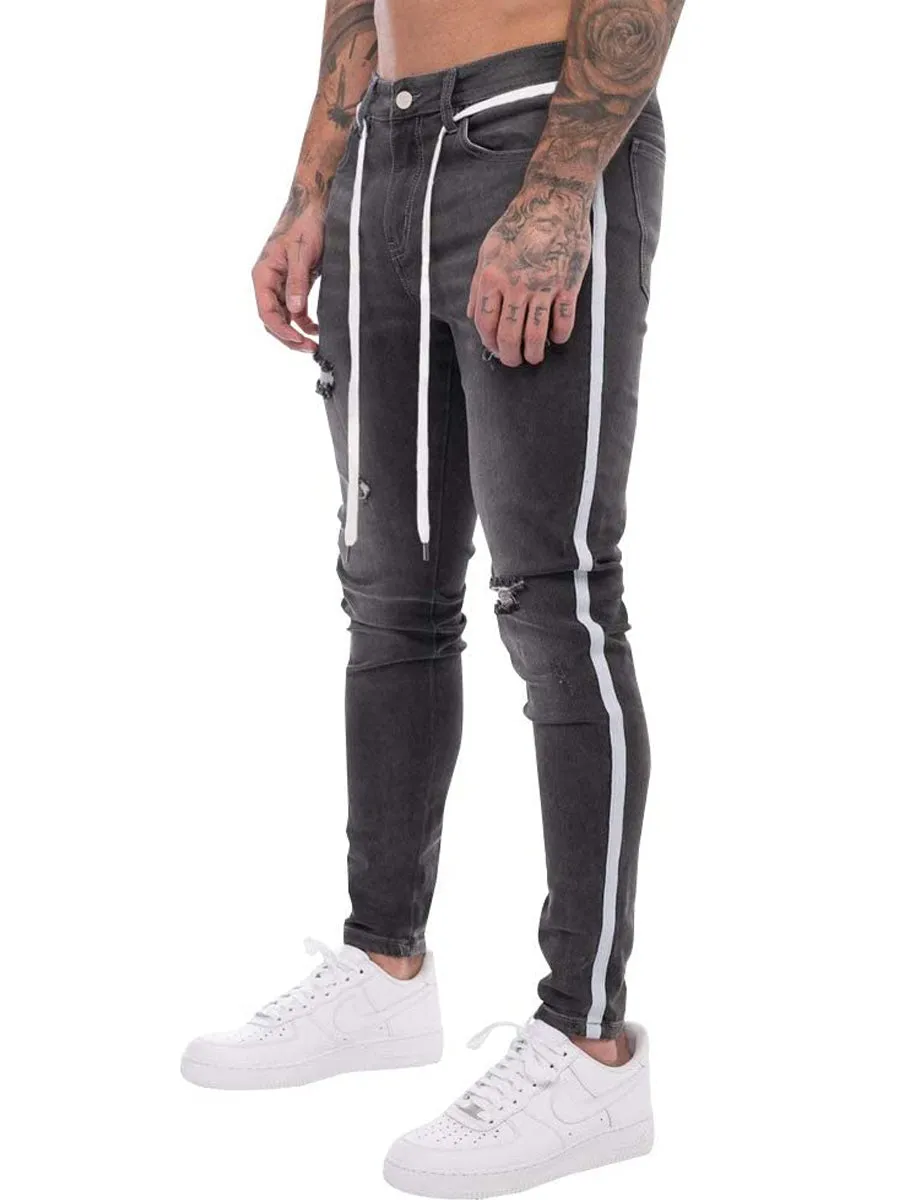 LONGBIDA Destroyed Striped Ankle Zipper Pants Men Ripped Jeans Slim Skinny