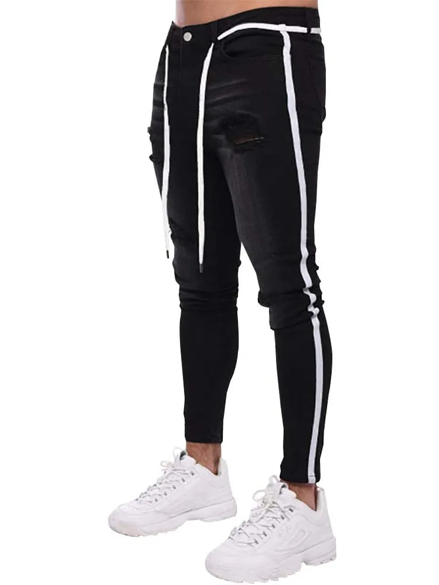 LONGBIDA Destroyed Striped Ankle Zipper Pants Men Ripped Jeans Slim Skinny