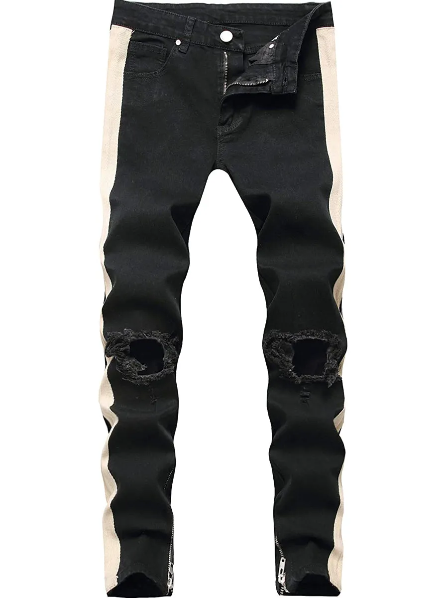 LONGBIDA Destroyed Striped Ankle Zipper Pants Men Ripped Jeans Slim Skinny