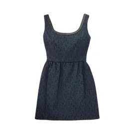 Louis Vuitton Blue Printed & Black Leather Trim Dress