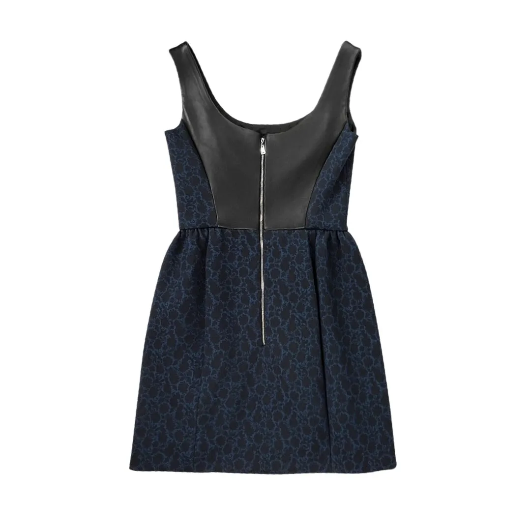 Louis Vuitton Blue Printed & Black Leather Trim Dress