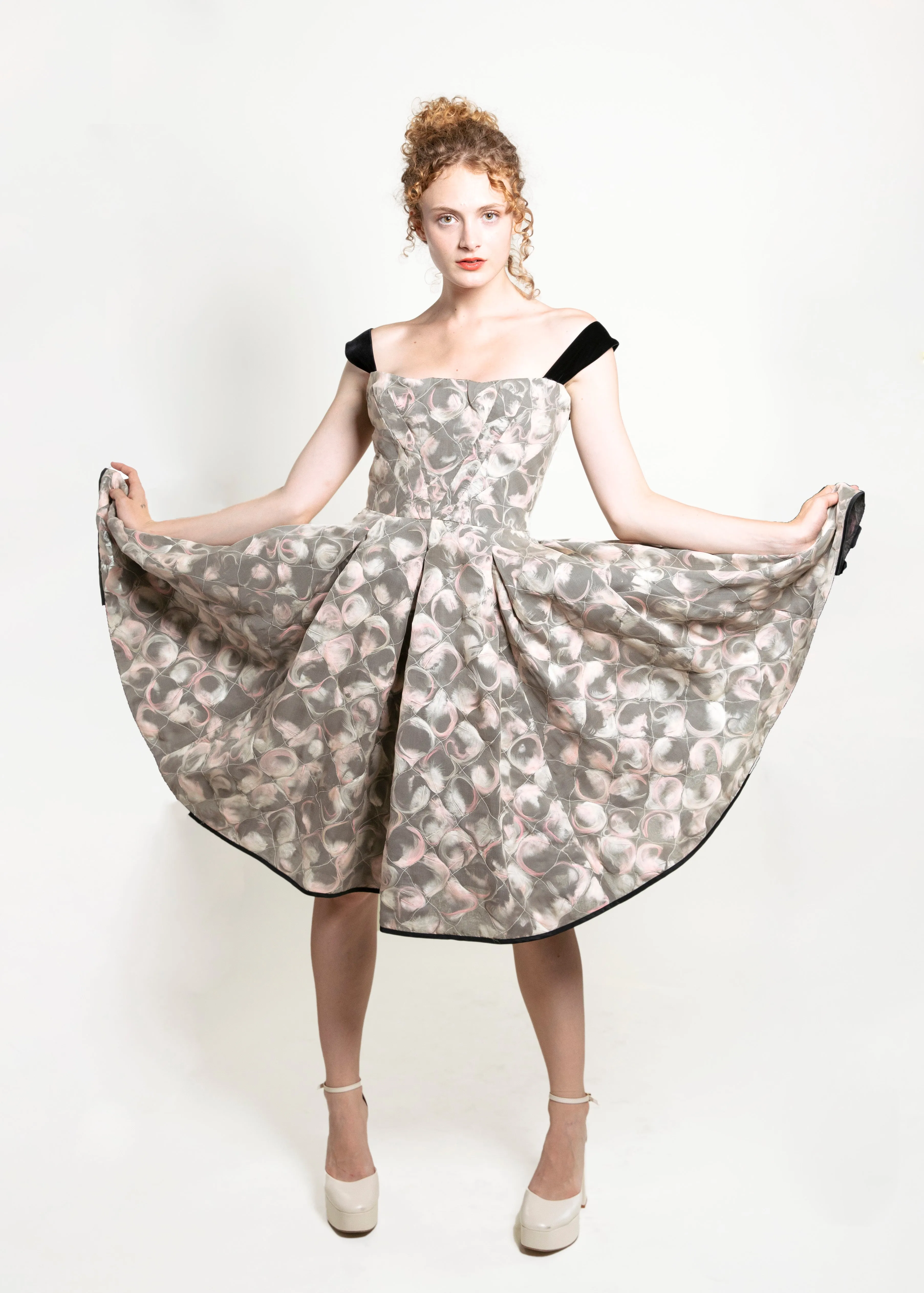 Louis Vuitton Fall 2010 Ivory , Pink & Black Feather Silk Quilted Cocktail Dress