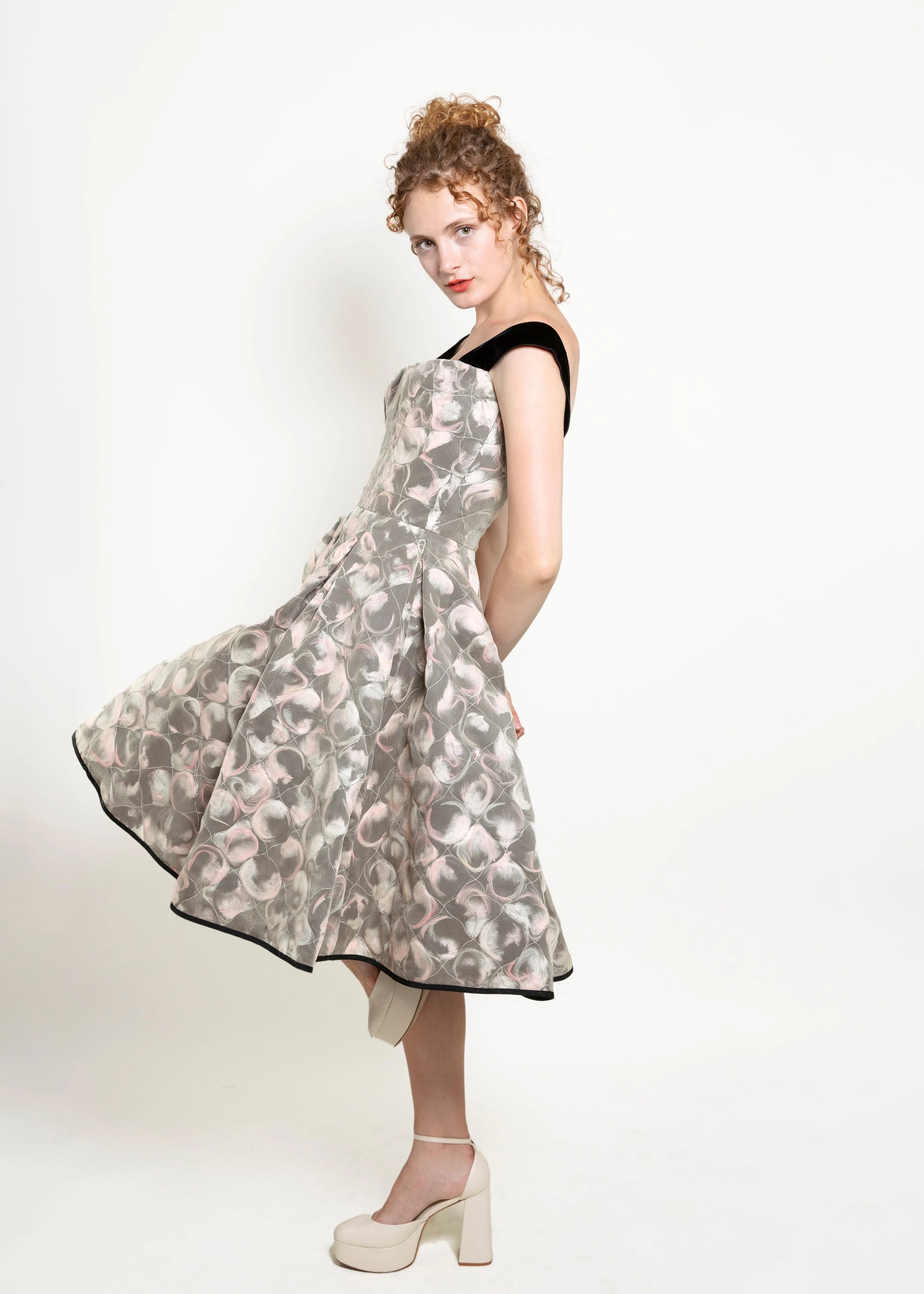 Louis Vuitton Fall 2010 Ivory , Pink & Black Feather Silk Quilted Cocktail Dress