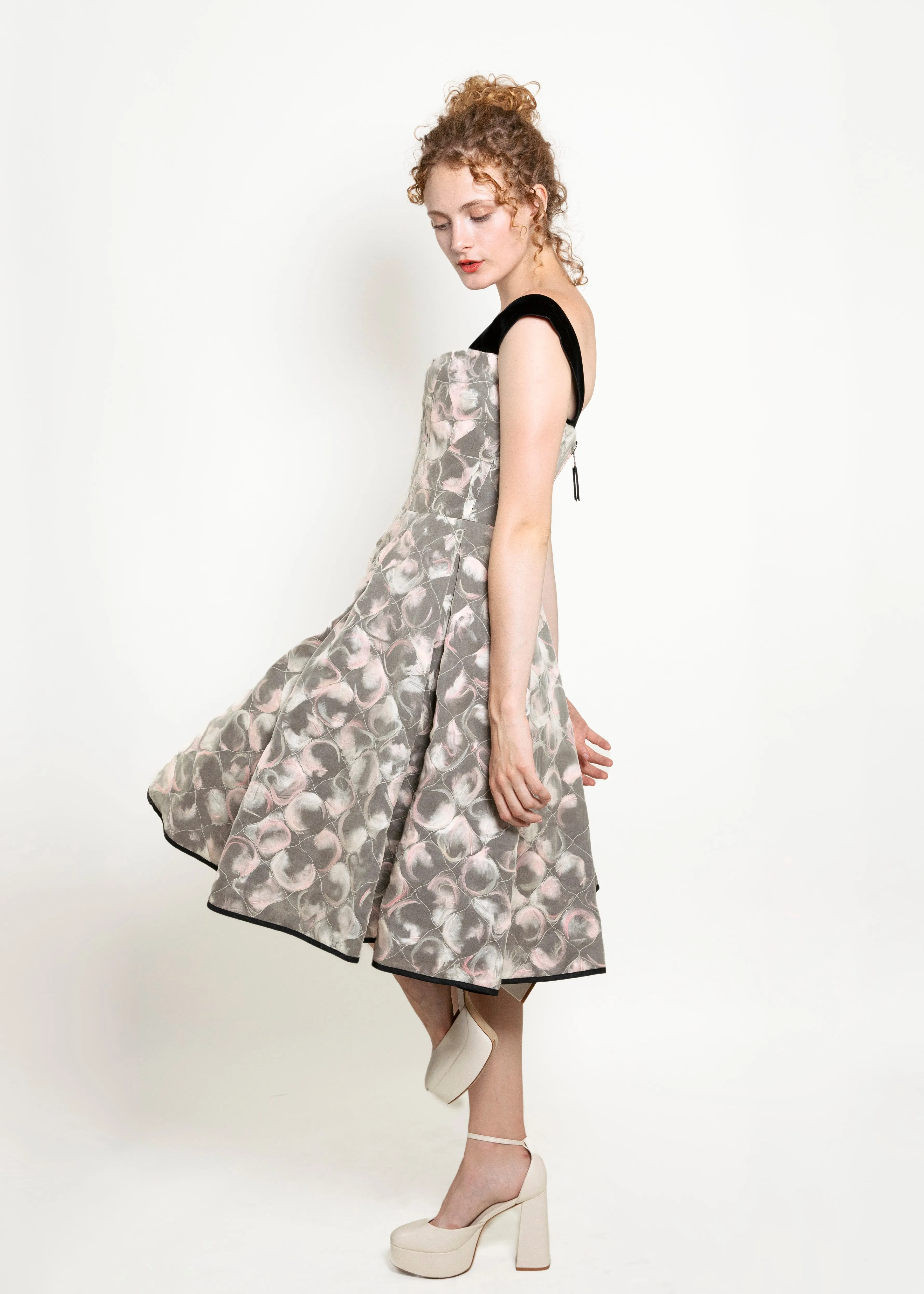 Louis Vuitton Fall 2010 Ivory , Pink & Black Feather Silk Quilted Cocktail Dress