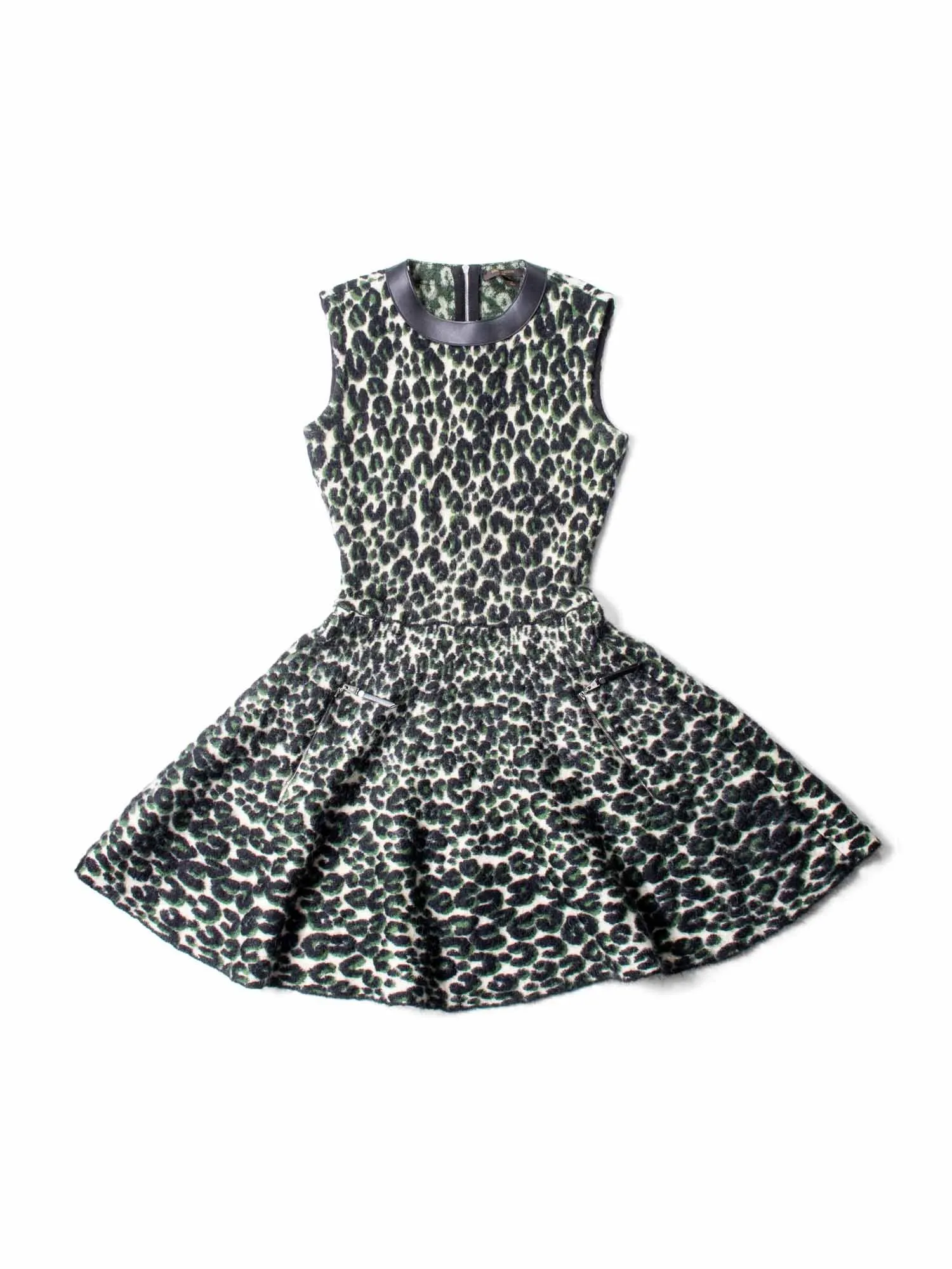 Louis Vuitton Logo Knit Animal Print Leather Trim A-Line Dress Green Black