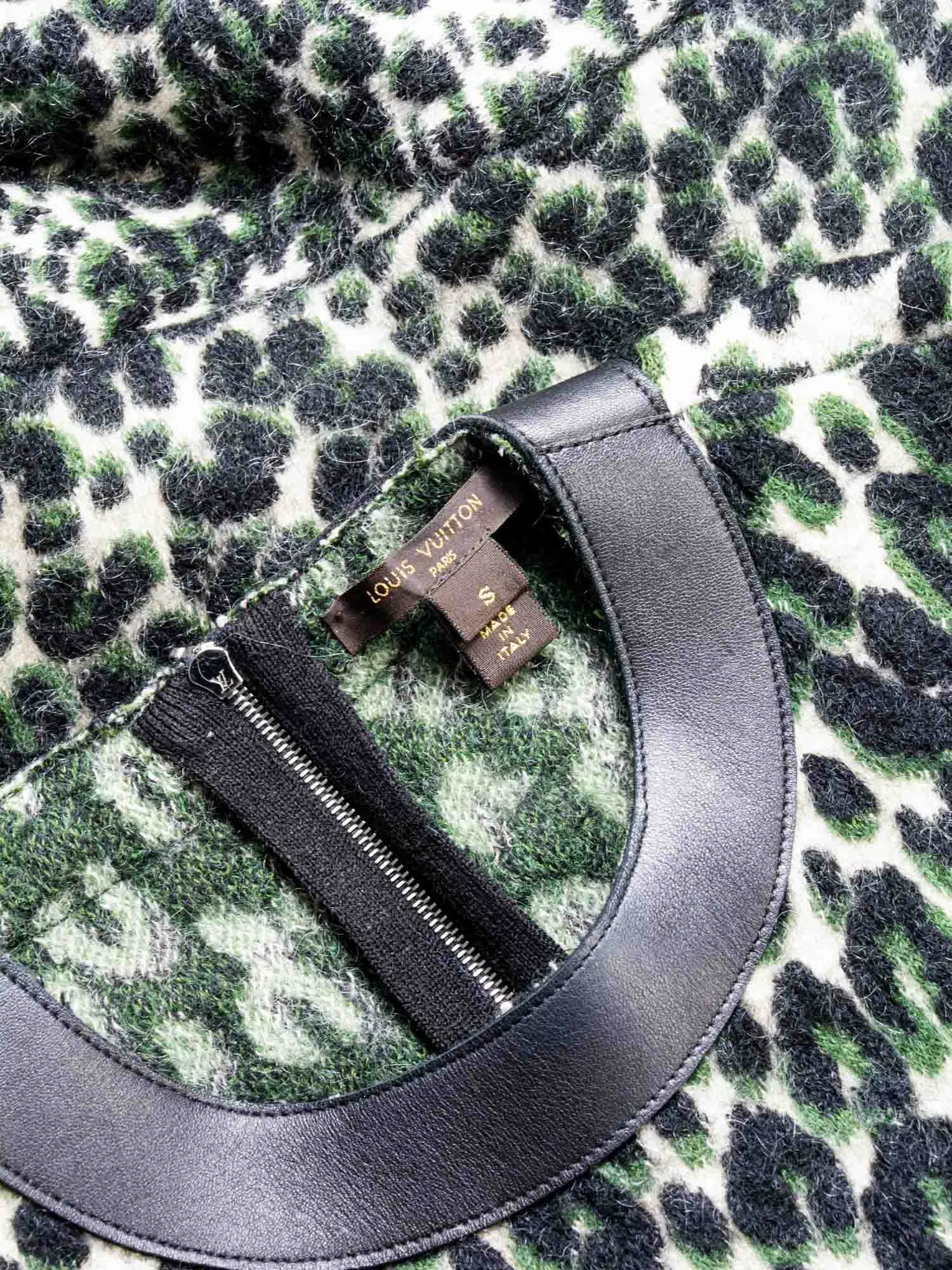 Louis Vuitton Logo Knit Animal Print Leather Trim A-Line Dress Green Black