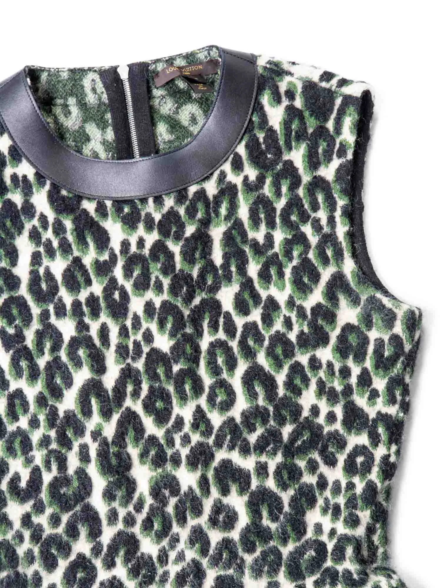Louis Vuitton Logo Knit Animal Print Leather Trim A-Line Dress Green Black