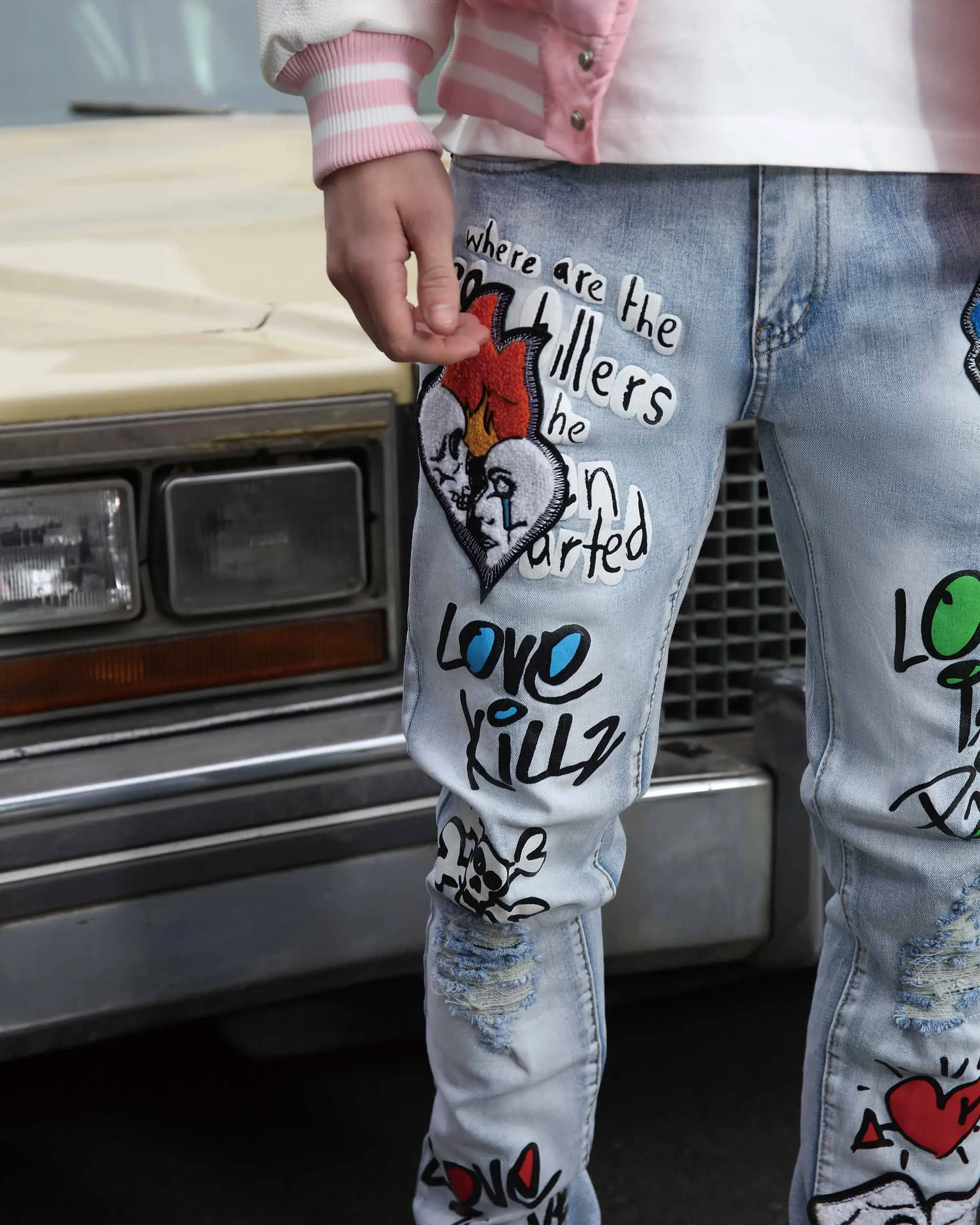 Medium Wash Slim Fit Blue Graffiti Painted Ripped Jeans-Mexico Local Delivery