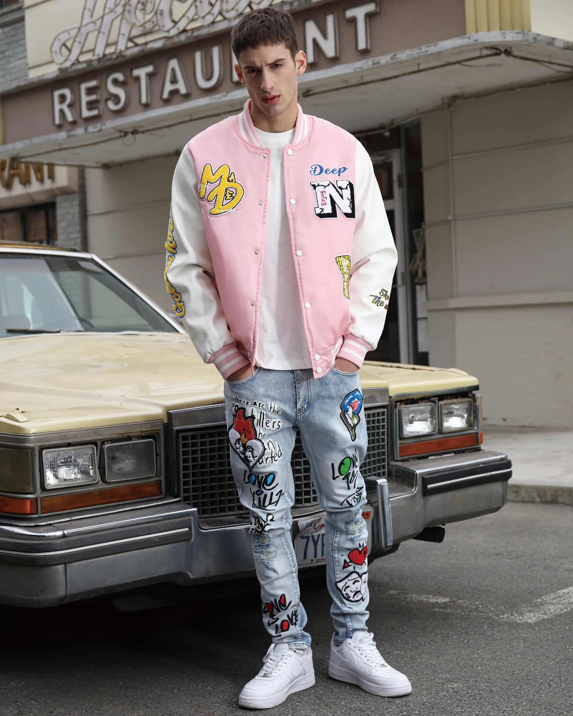 Medium Wash Slim Fit Blue Graffiti Painted Ripped Jeans-Mexico Local Delivery