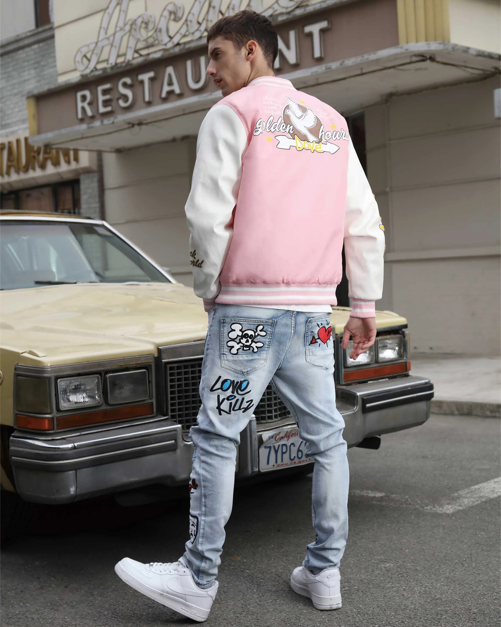 Medium Wash Slim Fit Blue Graffiti Painted Ripped Jeans-Mexico Local Delivery